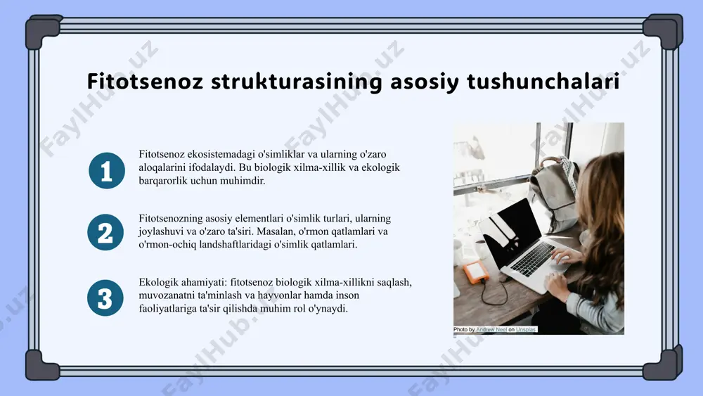 anmalari qishloq xo'jaligi, ekologiya va landshaft dizaynida keng qo'llaniladi. bu sohalarda fitotsenoz strukturasini tushunish va boshqarish samaradorlikni oshiradi. photo by markus spiske on unsplash 1 2 3 foydalanilgan adabiyotlar 1. iskandarov, a. b. o'simliklar fitotsenozining strukturasini o‘rganish. o‘rmon va landshaft arxivi, 2020. 2. qodirov, s. s. fitotsenozlarning ekologik va amaliy ahamiyati. o‘zbekiston biologiya jurnali, 2019. 3. karimov, t. t. fitotsenoz strukturasining tahlil usullari. o‘rmon xizmati ilmiy nashriyoti, 2021. 4. yusupov, m. m. va hamkasblar. fitotsenozlar va ularning landshaftdagi roli. tabiat va ekologiya, 2022. 5. sultonov, a. a. fitotsenoz strukturasini o‘rganish metodologiyalari. o‘rmonchilarning ilmiy konferensiyasi materiallari, 2018. e'tiboringiz uchun rahmat! image1.png image2.png image3.png image4.png image5.png image6.png image7.png image8.png image24.jpeg image25.jpeg image9.png image10.png image11.png image26.jpeg image18.png image19.png image20.png image21.png image22.png image23.png