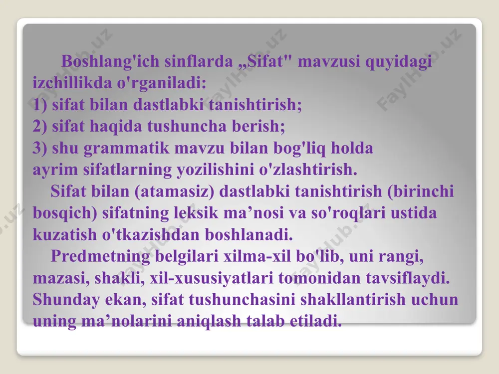 i qo`yib yozish, rasmlarga qarab matn yaratish, unda belgi bildirgan so`zlarni qatnashtirish kabi vazifalarni bajarish topshirilgan. masalan: qanday? so`rog`iga javob bo`lgan so`zlarni toping. qishlog`imizda katta bog` bor. bahorda mevali daraxtlar oq, pushti rangda gullaydi. ular shirin va mazali mevalar qiladi. biz mevalarni terishda bog`bonga yordam beramiz. o`quvchilar bu mashq orqali belgi bildirgan so`zlarni ajratishga o`rganadilar. yana bir mashqda esa chiziqchalar o`rniga mos belgi bildirgan so`zlarni qo`yish talab etiladi. polizda_________________qovunlar pishdi. men ___________________ertak o`qidim. bozordan _______________olma sotib oldik. qo`yish uchun so`zlar: qizil, shirin, qiziqarli. bu mashq orqali o`quvchilar gapda belgi bildirgan so`zlarni qo`llashni o`rganib oladilar. mana bu mashqda esa o`quvchilarga belgi bildirgan so`zlar beriladi va ular unga mos shaxs yoki narsa bildirgan so`zlar topib yozadilar. chiroyli, odobli, aqlli, shirinso`z, mahmadona, go`zal. chiroyli shahar, odobli o`quvchi, aqlli inson, shirinso`z ayol, mahmadona bola, go`zal qiz. bu mashq orqali o`quvchilar sifatni ot bilan birga qo`llay olishga o`rganadilar. biz bilamizki, topishmoqlarda narsa nomi yashiringan bo`lib, …