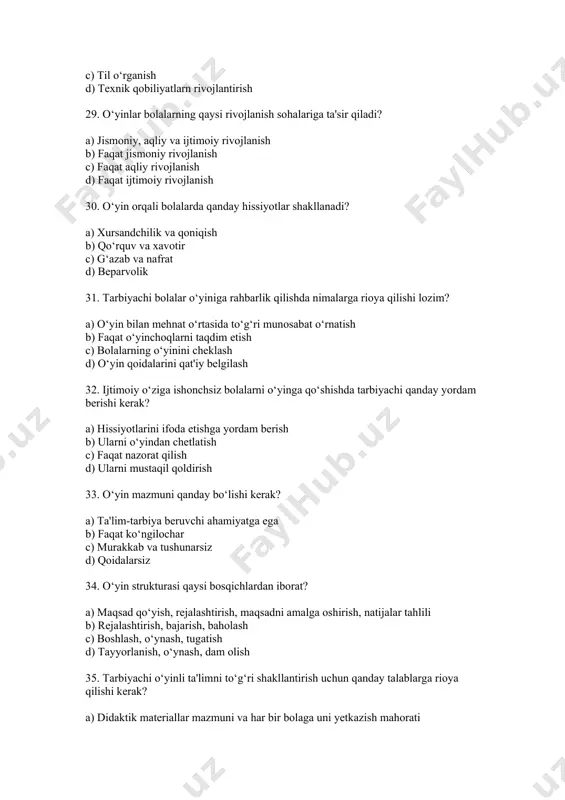 c) faqat aqliy rivojlanish d) faqat ijtmoiy rivojlanish 40. o‘yin orqali bolalarda qanday hissiyotlar shakllanadi? a) xursandchilik va qoniqish b) qo‘rquv va xavotir c) g‘azab va nafrat d) beparvolik 41. ijtimoiy-madaniy rivojlanish bolalar uchun qanday ahamiyatga ega? a) axloqiy qadriyatlarni shakllantirish b) jismoniy rivojlanish c) sport mahoratini oshirish d) matematik bilimlarni oshirish 42. o‘yinlar bolalarning qaysi jihatlarini shakllantirishga yordam beradi? a) barchasi to‘g‘ri b) shaxsiy rivojlanish c) ijtimoiy muloqot d) jismoniy faollik 43. mahalliy o‘yinlar qanday qadriyatlarni shakllantiradi? a) vatanparvarlik b) mehmondo‘stlik c) bag‘rikenglik d) egoizm 44. milliy o‘yinlar orqali bolalar qanday tushunchalarni o‘zlashtiradi? a) barchasi to‘g‘ri b) ijtimoiy muloqot c) jamoaviylik d) an’anaviy qadriyatlar 45. qaysi o‘yin bolalarning jismoniy rivojlanishiga xizmat qiladi? a) oq terakmi, ko‘k terak b) matematik jumboq c) nutq rivojlantirish o‘yini d) lego konstruksiya 46. bolalar madaniy muhitni qaysi vosita orqali eng yaxshi o‘zlashtiradi? a) o‘yinlar b) elektron qurilmalar c) dars mashg‘ulotlari d) teatr, kino 47. …