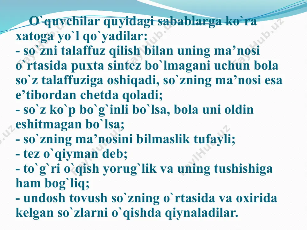 sarning g`oyaviy-mavzuviy asosini, uning obrazlarini badiiy vositalari bilan yaxlit holda tushunish. 2. matnning qaysi joyda to`xtam (pauza) qilishni, mantiqiy urg`uning o`rnini, o`qish tempini belgilab olish. 3. o`qishni mashq qilish, muallif fikrini, uning tasvirlangan voqea-hodisalarga va qatnashuvchi shaxslarga munosabatini ovoz bilan ifodalay olish uchun matnni qayta o`qish. o`qish turlari boshlang`ich ta’limda o`qishning uch turidan foydalaniladi: 1. ovozli o`qish. 2. ichda o`qish. 3. shivirlab o`qish. ovozli o`qish ovozga asoslangan o`qish bo`lib, undan ta’lim jarayonida keng foydalaniladi. ovozli o`qishning yakka, jo`r va rollarga bo`lib o`qish usullari mavjud. yod aytish ham ovozli o`qishning bir shaklidir. ichda o`qish ham tovushga asoslangan, lekin unda ovozsiz o`qiladi. shivirlab o`qish yarim ovoz bilan o`qishdir. malakali kitobxon o`qishning har uch turini bilishi zarur. ichda o‘qishning afzalliklari: bir vaqtning o‘zida butun sinf o‘quvchilari o‘qiydi. o‘quvchilarda asar matni ustida mustaqil ishlash ko‘nikmalari takomillashadi. o‘qituvchi har bir o‘quvchining mustaqil ishlash jarayonida o‘zlashtirish darajasini aniqlaydi. ovozli o‘qishning afzalliklari: o‘qituvchi o‘quvchilarning xato va kamchiliklarini, …