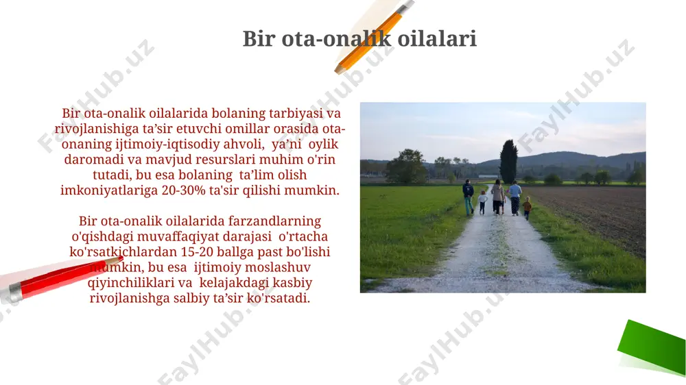 a tuzilmasi an’anaviy oila tuzilmasi patriarchal xususiyatlarga ega boʻlib, odatda, 3-4 avlodni oʻz ichiga oladi va katta oilalar sifatida shakllanadi, bu yerda katta yoshdagi avlodlar yosh avlodlar ustidan ma’lum darajada hokimiyatga ega. an’anaviy oila tuzilmasi ichki ijtimoiy nazorat mexanizmlariga ega boʻlib, jamiyatning qadriyatlari va urf-odatlariga rioya qilish orqali a’zolarning xatti-harakatlarini tartibga soladi va kamida 2 nafar farzand boʻlishi kutilgan ijtimoiy norma hisoblanadi. yadroli oila ijtimoiy pedagogik tadqiqotlar shuni koʻrsatadiki, yadroli oilalarning 70% dan ortigʻida ota-onalar oʻrtasidagi munosabatlar farzand tarbiyasi va rivojlanishiga sezilarli ta’sir koʻrsatadi, bu esa oilaning barqarorligi va farovonligini belgilaydi. yadroli oila modeli oʻzining kam sonli a’zosi tufayli, boshqarish va resurslarni taqsimlash jihatidan nisbatan sodda va samarali boʻlishi mumkin, ammo bu sharoitda bolaning ijtimoiylashuvi uchun yetarli miqdorda ta’sirchan munosabatlarni ta’minlash muhim ahamiyat kasb etadi. oila tushunchasi va ijtimoiy pedagogikada ahamiyati oila, ijtimoiy pedagogikada shaxsning ijtimoiylashuvi jarayonida muhim rol o‘ynaydi, 3 yoshgacha bo‘lgan bolaning rivojlanishiga 80% ta’sir ko‘rsatadi. oilaviy tarbiyaning …