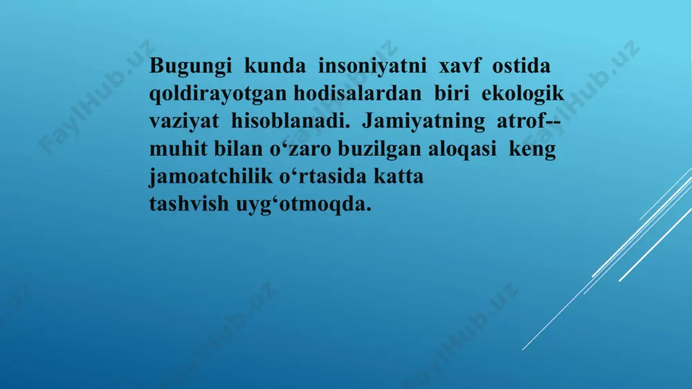 arida berib boriladi. bog‘chalarda ekologik talim bo‘yicha olib borilayotgan ishlar birinchi kichik guruhdan boshlanadi. maktabgacha yoshdagi bolalar ta’lim-tarbiyasiga qo‘yilgan davlat talablari shu talablar asosida amalga oshiriladi. maktabgacha talim yoshidagi bolalarni tabiat bilan tanishtirish dasturning "bolalarni jismoniy rivojlantirish","bolalarning nutqi va tafakkurini rivojlantirish","ma’naviy-madaniy yetuklik "bo‘limlarida o‘z aksini topgan. dastur bolalarning yoshi,psixologik hamda fiziologik xususiyatlariga mos ravishda aqliy,axloqiy,jismoniy,estetik,ekologik ta’lim-tarbiya berishni o‘z oldiga vazifa qilib qo‘ygan. ekologik madaniyat–xalq san’ati, musiqa, ashula, adabiyot, tasviriy san’atni bilish, san’atga muhabbat tarbiyachini madaniyatli qiladi, bolalar bilan olib boradigan ishida yordam beradi. ekologik ta’lim–o‘quv-tarbiya faoliyatini tashkil qilish vosita va usullarini o‘quv-tarbiya jarayonida kelib chiqadigan muammolar va uning yechimini to‘g‘ri hal qila bilish, innovatsion texnologiya usullaridan foydalanish, qiyinchiliklarning to‘g‘ri yechimini topishga yo‘naltiradi. ekologik bilim–muayyan ko‘nikma va malakalarni o‘quvchilarga singdirish, ularning ongiga,xulqiga ta’sir etish, dunyoqarashi va bilish faolligini rivojlantirishdir.u insonni mehnatga, hayotga tayyorlashning asosiy vositasi hisoblanadi.bolalar tabiat burchagida qilgan shlari bilan ham tabiatga oshno bo‘ldilar. tabiat burchagining muhim tomoni shundaki, uni …