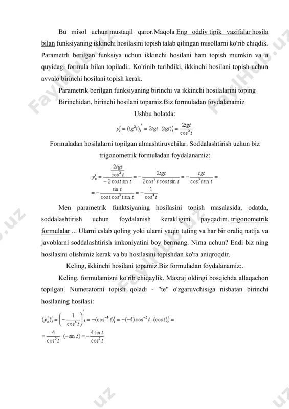 topilgan. numeratorni topish qoladi - "te" o'zgaruvchisiga nisbatan birinchi hosilaning hosilasi: formuladan foydalanish qoladi: materialni birlashtirish uchun men mustaqil yechim uchun yana bir nechta misollarni taklif qilaman. parametrik aniqlangan funksiya uchun va toping umid qilamanki, bu dars foydali bo'ldi va endi siz bilvosita ko'rsatilgan va parametrik funktsiyalardan hosilalarni osongina topishingiz mumkin. funktsiya bir necha usulda o'rnatilishi mumkin. bu uni aniqlash uchun ishlatiladigan qoidaga bog'liq. funktsiyani belgilashning aniq shakli y = f (x). uning tavsifi imkonsiz yoki noqulay bo'lgan holatlar mavjud. agar (a; b) oraliqda t parametri uchun hisoblanishi kerak bo'lgan (x; y) juftliklar to'plami mavjud bo'lsa. 0 ≤ t bilan x = 3 cos t y = 3 sin t sistemani yechish uchun< 2 π необходимо задавать окружность с центром координат с радиусом равным 3 . parametrik funktsiyani aniqlash demak, t ∈ (a; b) qiymat uchun x = ph (t), y = ps (t) lar aniqlangan va x = ph …