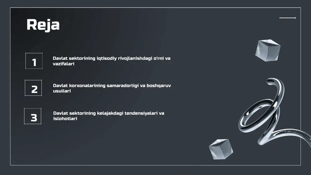 , sog'liqni saqlash va ijtimoiy himoya xizmatlari ko'rsatadi. davlatning ijtimoiy rivojlanishdagi o'rni davlat ijtimoiy rivojlanishni rag'batlantiruvchi strategiyalar ishlab chiqadi, iqtisodiy o'sish va jamiyat farovonligini oshiradi. ijtimoiy barqarorlik va iqtisodiy o'sish ijtimoiy barqarorlik iqtisodiy o'sish uchun zarur. ijtimoiy masalalarga e'tibor uzoq muddatli iqtisodiy barqarorlikni ta'minlaydi. xulosa davlat sektori ijtimoiy masalalarni hal etish orqali iqtisodiy o'sishni qo'llab-quvvatlaydi va barqarorlikni ta'minlaydi. davlat sektorining raqobatbardoshligi raqobatbardoshlik davlat sektorining samaradorligini oshirish va iqtisodiy o'sishga hissa qo'shish qobiliyatidir. davlat sektorining raqobatbardoshligini oshirish uchun quyidagi chora-tadbirlar zarur: texnologik yangiliklarni joriy etish, boshqaruv tizimini isloh qilish va malakali kadrlarni jalb qilish. raqobatbardosh bo'lish uchun shart-sharoitlar: sifatli xizmat ko'rsatish, moliyaviy barqarorlik va ochiq boshqaruv tizimi. kelajakda davlat sektorining roli davlat sektorining kelgusi rivojlanish tendensiyalari iqtisodiy islohotlar va innovatsiyalar bilan bog'liq. o'zbekiston iqtisodiyotida davlatning roli oshib bormoqda, bu esa raqobatbardosh muhit yaratishda muhim ahamiyatga ega. islohotlar davlat sektorining samaradorligini oshirishga qaratilgan. bular ichida davlat korxonalari boshqaruvini modernizatsiya qilish, shaffoflikni ta'minlash, …
