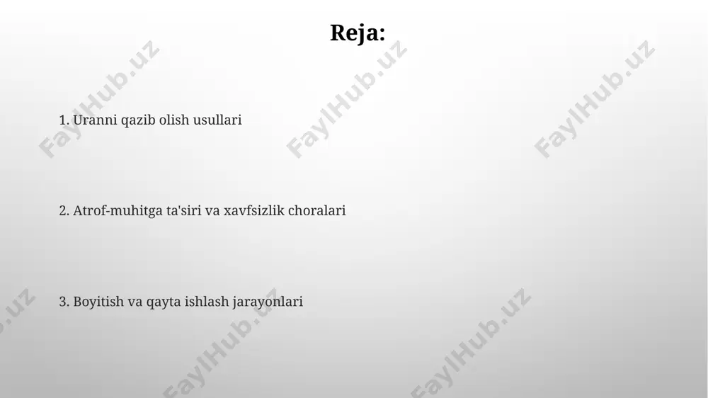 ari avstraliya, qozog'iston va kanada kabi davlatlarda joylashgan bo'lib, 2023-yil ma'lumotlariga ko'ra, ushbu mamlakatlarning umumiy zaxirasi jahon uran zaxirasining 60% dan ortig'ini tashkil etadi. 2022-yilda jahon bo'yicha uran ishlab chiqarishning taxminan 40 000 tonnani tashkil etgani va bu raqamning asosiy qismini qozog'iston, kanada va namibiya kabi mamlakatlar qoplaganini hisobga olsak, kelajakda energiya talabining oshishi bilan birga uran qazib olish hajmining ham o'sishi kuzatiladi. uran rudalarini qayta ishlash namangan viloyatidagi uran rudalarini qayta ishlash zavodlarida yillik ishlab chiqarish hajmi 500 tonnani tashkil etadi va bu jarayonda ion almashinuvi texnologiyasi muhim rol o'ynaydi. angren shahridagi boyitish fabrikasida uran rudasi 3 bosqichda qayta ishlanadi, unda mineral tarkibining 0,1% dan 5% gacha boʻlgan konsentratlar olinadi. iqtisodiy jihatlari uranni qazib olishning iqtisodiy samaradorligi, masalan, namangan viloyatidagi konlarda, tonnasi 1500 aqsh dollariga yetuvchi xarajatlarni o'z ichiga oladi, bu esa global bozor narxlariga bog'liq. kanada va avstraliya kabi davlatlardagi yirik uran konlarining ishlab chiqarish hajmi va xarajatlari …