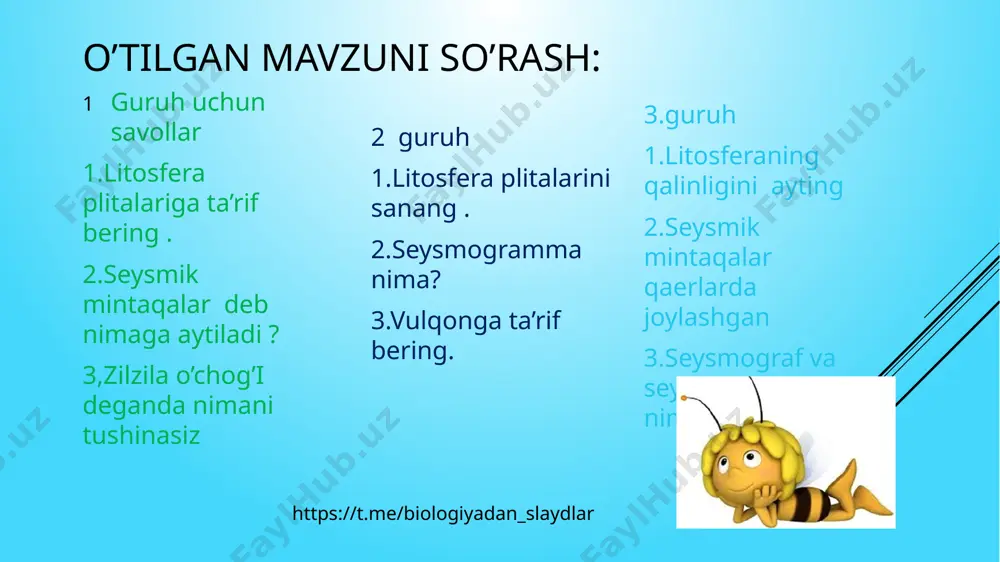 a solinadi 4. maket mustahkam bo‘lishi uchun gazeta ustma-ust uch qavat qilib yopishtiriladi. 3. gazeta har xil o‘lchamdagi bo‘laklarga bo‘linib, plastik idishgayopishtirilgan oq qog‘oz ustiga unli yelim yordamidarasmdagidek yopishtiriladi vulqon maketi 1-topshiriq. begona so’zni top mashg’ulotda ishlatilmaydigan jihozni top vulqon yelim gazeta skov ishni bajarish tartibini to’g’ri joylashtiring ishning ketma ketligini to’g’ri qo’ying 1. maket mustahkam bo‘lishi uchun gazeta ustma-ust uch qavat qilib yopishtiriladi. 2. vulqon maketi ichiga kichik plastik idish solinadi. 3. kichik plastik idish ichiga choy qoshiqda 4 qoshiq osh sodasi, 2 qoshiq oziq-ovqat bo‘yog‘i va sirka solinadi. 4, tayyor bo‘lgan vulqon maketi qurigandan keyin oq qog‘oz usti vulqon ko‘rinishida bo‘yaladi. 5. tayyor bo‘lgan vulqon maketi qurigandan keyin oq qog‘oz usti vulqon ko‘rinishida bo‘yaladi. 6.1 l hajmdagi plastik idish olib, bo‘g‘zi kesib tashlanadi va qattiq karton ustiga joylashtiriladi. 7. a4 o‘lchamdagi qog‘oz qaychi yordamida bo‘laklarga bo‘linadi va plastik idishga rasmdagidek yopishtiriladi https://t.me/biologiyadan_slaydlar xulosa shunday qilib, vulqon otilishi tabiatning …