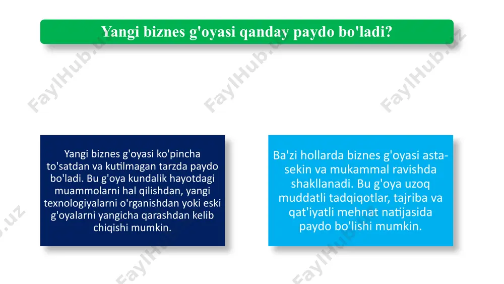 r yoki xizmatlar qondira olmagan talablardir. bo'shliqlarni topish va ularni qondirish uchun biznesni yaratish sizga muvaffaqiyatli bo'lish imkoniyatini beradi. 5 bozordagi bo'shliqlar texnologik yangiliklar sun'iy intellekt sun'iy intellektning rivojlanishi yangi mahsulotlar va xizmatlarni yaratish uchun imkoniyatlar yaratadi. blokcheyn blokcheyn texnologiyasi xavfsiz va shaffof operatsiyalarni amalga oshirishga imkon beradi. katta ma'lumotlar katta ma'lumotlar tahlili biznesga yangi talablarni aniqlash va mijozlar ehtiyojlarini chuqurroq tushunishga yordam beradi. 6 1 kuchli tomonlar raqobatchilaringizning kuchli tomonlarini aniqlashga harakat qiling. 2 zaif tomonlar raqobatchilaringizning zaif tomonlarini aniqlashga harakat qiling. 3 imkoniyatlar raqobatchilaringizning imkoniyatlarini aniqlashga harakat qiling. 4 tahdidlar raqobatchilaringizning tahdidlarini aniqlashga harakat qiling. 7 raqobatchilarning xatti-harakatlari 1 talablar mijozlar nimaga muhtoj? 2 muammolar mijozlar qanday muammolarni boshdan kechirmoqda? 3 yechimlar qanday echimlarni taklif qilishingiz mumkin? 4 qiymat mijozlarga qanday qiymat yaratishingiz mumkin? 8 mijozlar ehtiyojlari 9 biznes g'oyani rivojlantirib borish taqdimot va yangi biznes g'oyani amalga oshirish - bu biznes g'oyasini amalga oshirishning muhim bosqichlari. to'g'ri …