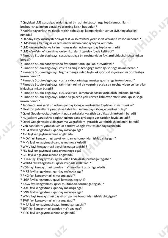 sun'iy intellekt nima orqali o'z-o'zini o'rganadi? ? sun'iy intellekt nima uchun "big data" (katta ma'lumotlar) qo'llaniladi? ? sun'iy intellekt nima uchun foydalaniladi? ? sun'iy intellekt qanday maqsadlar uchun kasb etiladi? ? sun'iy intellekt qaysi sohada yuqori darajada ishlatiladi? ? sun'iy intellekt va axborot xavfsizligi qanday bog'liq? ? sun'iy intellekt va ijtimoiy tarmoq qaysi mavzuga aloqador? ? sun'iy intellekt va katta ma'lumotlar (big dat= qanday bog'liq? ? sun'iy intellekt va matematika qanday bog'liq? ? sun'iy intellektning yaratilish bosqichi nima? ? "lms" qisqartmasi nimani anglatadi? ? quyidagi xususiyatlardan qaysi biri lmsga xos xususiyatga ega? ? quyidagi lms xususiyatlaridan qaysi biri onlayn kurslarni yaratish va tashkil etish imkonini beradi? ? talabalar uchun lmsning foydasi nimada? ? qanday lms xususiyati ta'lim oluvchilarga talabalar ishini va sinfni o'zlashtirishga imkon beradi? ? talabalar faolligi va kurs rivojini kuzatish uchun quyidagi lms xususiyatlaridan qaysi biri mas'ul? ? kompaniyada kadrlar tayyorlash va rivojlantirishni tashkil etish uchun lmsning afzalligi …