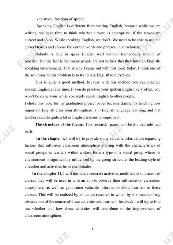 acy. nearly all language teaching approaches have emphasized a top-to-bottom methodology; that is, listening-speaking-reading-writing. the bottom-up approach, however, reverses the emphasis of the traditional top-to-bottom approaches, and puts writing at a higher level of focus. the reason is that writing is an independent activity which removes fear and anxiety, and offers privacy and autonomy. students in the classroom form a small type of social group which according to has these features: direct interaction and communication of people, same or similar goals or values, where reaching each person’s individual goal is somewhat dependent on the group, relative stability of the group structure and respect to norms and rules of the group’s relationships and activities. a class is after a family the most significant part of a social environment of children, extending their living community and therefore bringing them closer to a wider society. from the social and psychological point of view …