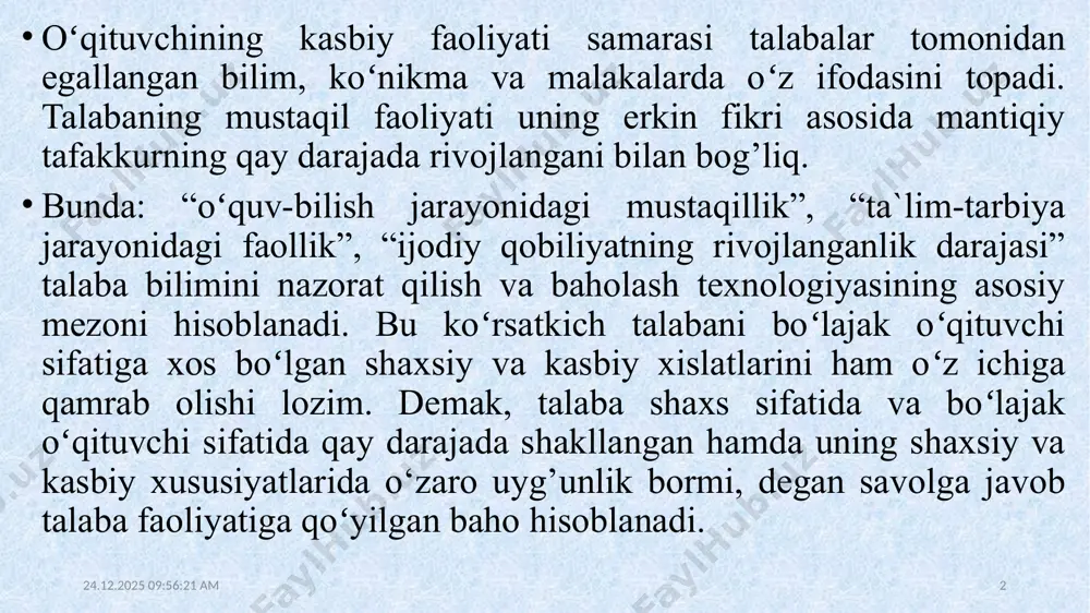 aynan mana shu joyda koʻrinadi. demak, joriy nazoratning asosiy vazifasi oʻzlashtirilgan bilim, koʻnikma va malaka asosida navbatdagi oʻzlashtirilishi lozim boʻlgan bilimlarni ilmiy-uslubiy jihatdan aniqlab borish hisoblanadi. 21.02.2022 19:16:43 3 ta`limning tizimiylik va izchillik qoidasiga muvofiq, oraliq nazoratda yirik mavzular, boblar yoki modullashtirilgan mavzular toʻplamiga oid bilimlar baholanib boriladi. har ikkala nazorat turida talabalarning erkin fikr mustaqilligi va faolligiga alohida e`tibor beriladi. bu jarayonda har bir talaba oʻzini oʻzi nazorat qilish imkoniyatiga ham ega boʻladi. dasturda belgilangan soatlar (ya`ni rejadagi barcha mavzular) toʻliq bajarilib boʻlingach, yakuniy nazorat qabul qilinadi. 21.02.2022 19:16:43 4 yakuniy nazoratda ta`limning ilmiyligi va ta`lim-tarbiyaning birligi prinsipiga alohida e`tibor qaratiladi. talabalar bilimini nazorat qilish va baholashda b.blumning pedagogik taksonomiyasiga asoslanish maqsadga muvofiq hisoblanadi. bunda talabaning qay darajada ta`limiy maqsadni qoʻya olishi va unga erishish yoʻllari, ya`ni talaba bilimlarini qaysi bosqichga muvofiq kelishi aniq boʻladi. shu bilan birga, talabaning intellektual – ijodiy imkoniyatlari, oʻquv-metodik tajribalari hamda professional tayyorgarligi xususida …