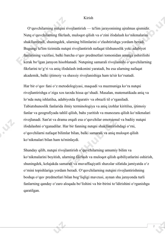 adi. o‘quvchilarning nutqini rivojlantirishning boshqa o‘quv predmetlari bilan bog‘liqligi mavzusi, aynan shu jarayonda turli fanlarning qanday o‘zaro aloqada bo‘lishini va bir-birini to‘ldirishini o‘rganishga qaratilgan. oʻquvchilar nutqini oʻstirishning boshqa oʻquv predmetlari bilan bogʻliqligini o`rganish oʻquvchilar nutqini oʻstirish boshqa oʻquv predmetlaridan oʻtkazi-ladigan mashgʻulotlar bilan ham uzviy ravishda bogʻlanadi. ona tili darslarida oʻquvchilar til yordamida tabiat va kishilar hayoti haqida bilim oladilar; ular kuzatishni, oʻylashni va koʻrganlari, eshitganlari, oʻqiganlari haqida toʻgʻri bayon qilishni oʻrganadilar. ona tili darslari bolalar lugʻatini boyitishga samarali yordam beradi, nutqni toʻgʻri tuzishni oʻrgatadi. oʻqish darsi va u bilan bogʻliq holda olib boriladigan kuzatish, ekskursiya oʻquvchilarga tabiat hodisalari, kishilar hayoti va meh-nati haqida, axloq qoidalari, boshqa kishilar bilan muomala qilish haqida bilim beradi. bu darslarda bolalar nutqiga, uni shakllantirish va oʻstirishga keng imkoniyat mavjud. badiiy asarlarni oʻqish, oʻqilganlarni qayta hikoyalash, ekskursiyada, predmet va tabiat hodisalarini kuzatish vaqtida koʻrganlarini hikoya qilish oʻquvchilar ogʻzaki nutqini oʻstirish vositasidir. ona till darslarida esa yozma …