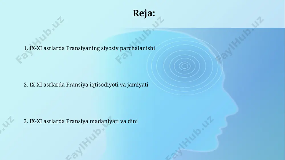 r egaliklari va ta'sir doiralari uchun kurash kuchayib, parisiy qirollik sudining nufuzi sezilarli darajada kamaydi. feodalizmning kuchayishi natijasida mahalliy zodagonlar o'z hududlarida katta kuchga ega bo'lishdi va qirollik hokimiyatiga qaram bo'lmagan holda, o'z qonunlarini o'rnatishdi, masalan, normandiya va akvitaniya kabi hududlarda. diniy hayot va cherkovning ta'siri 987-yilda kapetinglar sulolasining hukmronligi boshlanishi bilan cherkov qirollik hokimiyatining muhim ittifoqchisi bo'lib, qirollik ma'muriyati va huquqiy tizimiga katta ta'sir ko'rsatgan. klyon va sent-denis kabi monastirlar o'z ta'sir doiralari orqali 300 dan ortiq qishloq xo'jaligiga ega bo'lib, katta miqdordagi dehqonlarni nazorat qilishgan. feodal zodagonlarning o'rni va roli 9-11-asrlar davomida fransiyaning shimoliy hududlarida, masalan, normandiyada, feodal zodagonlarning qudratli knyazliklarga ega bo'lishi va ularning 300-500 ga yaqin vasallarga egaligi odatiy hol edi. feodal zodagonlar, masalan, anju grafligi kabi yirik yer egalari, o'zlarining harbiy kuchlariga tayanib, qirol hokimiyatiga qarshi chiqishga qodir edilar va 10-asr oxirida 20 dan ortiq yirik feodal zodagonlar mavjud edi. qishloq xo'jaligi va iqtisodiyoti shimoliy …