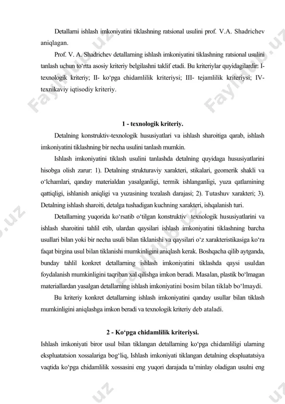 y deb ataladi. 2 - kо‘pga chidamlilik kriteriysi. ishlash imkoniyati biror usul bilan tiklangan detallarning kо‘pga chidamliligi ularning ekspluatatsion xossalariga bog‘liq, ishlash imkoniyati tiklangan detalning ekspluatatsiya vaqtida kо‘pga chidamlilik xossasini eng yuqori darajada ta’minlay oladigan usulni eng ratsional usul deb hisoblash mumkin. ishlash imkoniyati tiklangan detal uzoqqa chidamliligining yangi detal chidamliligiga nisbati kо‘pga chidamlilik koeffitsiyenti deb ataladi. yangi va ishlash imkoniyati tiklangan detallarning chidamliligi va toliqishdagi mustahkamliligi asosida tajriba yо‘li bilan topiladi. agar ishlash imkoniyati tiklanayotgan detal statikaviy kuch ostida ishlasa, uning xal kiluvchi xarakteristikasi yeyilishga chidamliligi bо‘ladi; о‘zgarib turuvchi kuchlar ostida ishlaydigan detallarning toliqishdagi mustahkamligi esa, ularning xal qiluvchi xarakteristikasidir. kо‘pga chidamlilik koeffitsiyenti yoki kо‘pga chidamlilik kriteriysi detallarning ishlash imkoniyatini tiklashning tanlanishi kerak bо‘lgan usulini yetarli darajada tо‘la xarakterlaydi. 3 - tejamlilik kriteriysi. yuqorida aytilganidek, dastlabki ikki kriteriy detallarning ishlash imkoniyatini tiklashning biror usuli iqtisodiy jihatdan ma’qul yoki ma’qul emasligini hisobga olmay masalaning faqat texnikaviy tomonini ifodalaydi. shuning uchun …