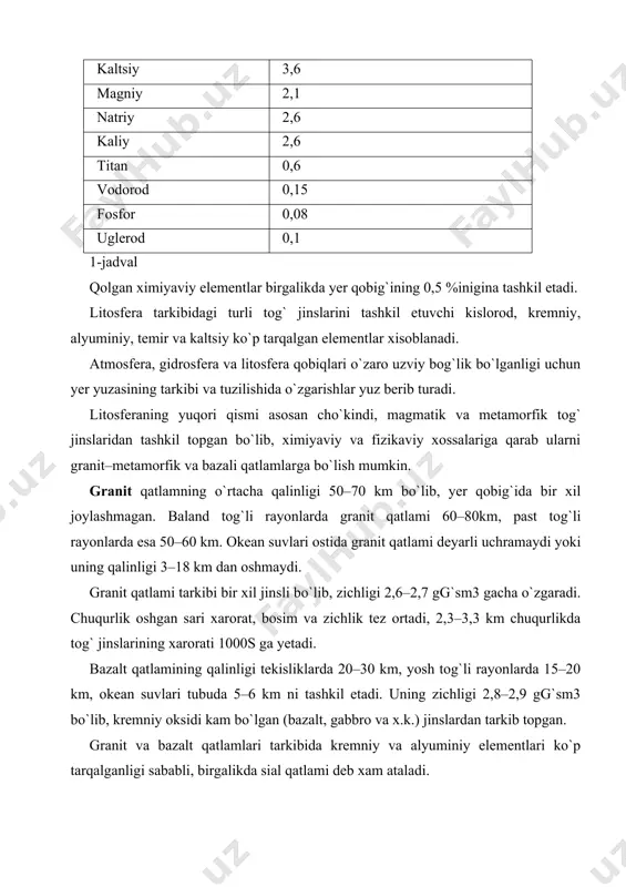 r–nikel va temirdan iborat. zichligi 7–11 gg`sm3. yerning yadro qismida bosim 3–4 mln. atmosfera, xarorat esa 2000–50000s. ba`zi olimlar yerning yadro qismi 5100 km chuqurlikda (2200 km qalinlikda) suyuq massadan iborat deb qarashsa, ba`zilari yer markazigacha qattik jismdan iborat deb xisoblaydilar. seysmologik tekshirishlar aniqlashicha yerning granit va bazalt qatlamlari qattiq jinslardan, mantiya va yadro qobiqlari esa o`zining fizik xossalariga binoan suyuq, xamirsimon, parafin ko`rinishidagi moddadan iborat. yer qobig`ining issiqlik rejimi. yerning issiqlik rejimi uning ichki va tashqi tuzilishiga bog`lik. shuning uchun xam yer qobig`ini isitadigan issiqlik tashqi–quyoshdan keladigan va ichki – yer bag`ridan ajraladigan issiqlik turlariga ajratiladi. yer bag`ridan chiqadigan issiqlk asosan radioaktiv elementlarning parchalanishidan xosil bo`ladi va tog` jinslarini isitadi. shunga ko`ra issiqlik yerning turli qatlamlarida turlicha bo`ladi. yer qobig`ining yuqori qismi quyoshdan keladigan issiqlik xisobiga isiydi. yer qobig`ining quyosh nurlariga perpindekulyar joylashgan 1 sm 2 maydoni quyoshdan bir minutda 1,94 kkal issiqlik oladi. bir yilda esa yer shari …