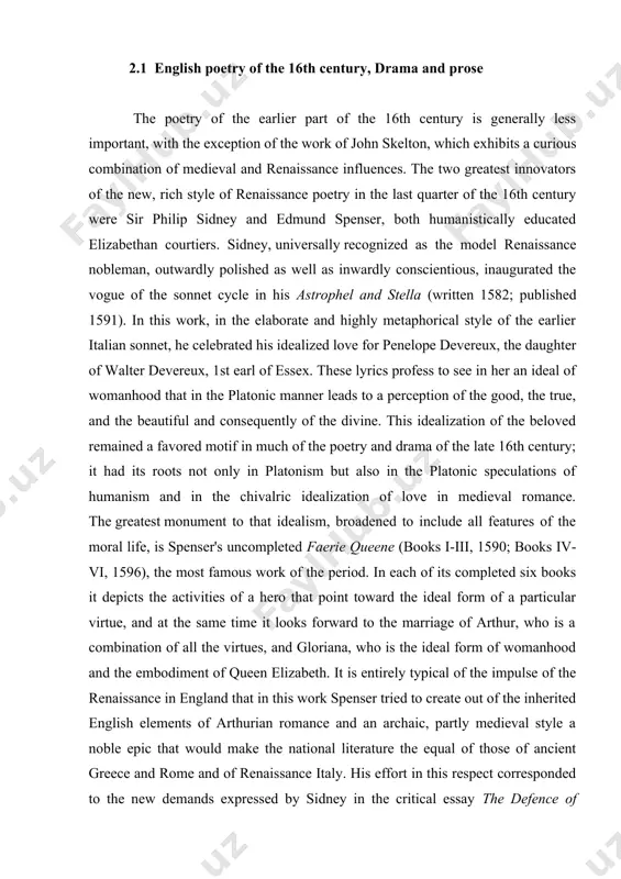 epic that would make the national literature the equal of those of ancient greece and rome and of renaissance italy. his effort in this respect corresponded to the new demands expressed by sidney in the critical essay the defence of poesie, originally apologie for poetrie (written 1583?; posthumously published 1595). spenser's conception of his role no doubt conformed to sidney's general description of the poet as the inspired voice of god revealing examples of morally perfect actions in an aesthetically ideal world such as mere reality can never provide, and with a graphic and concrete conviction that mere philosophy can never achieve. the poetic and narrative qualities of the faerie queene suffer to a degree from the various theoretical requirements that spenser forced the work to meet. [14; 25] in a number of other lyrical and narrative works sidney and spenser displayed the ornate, somewhat florid, highly figured style characteristic …