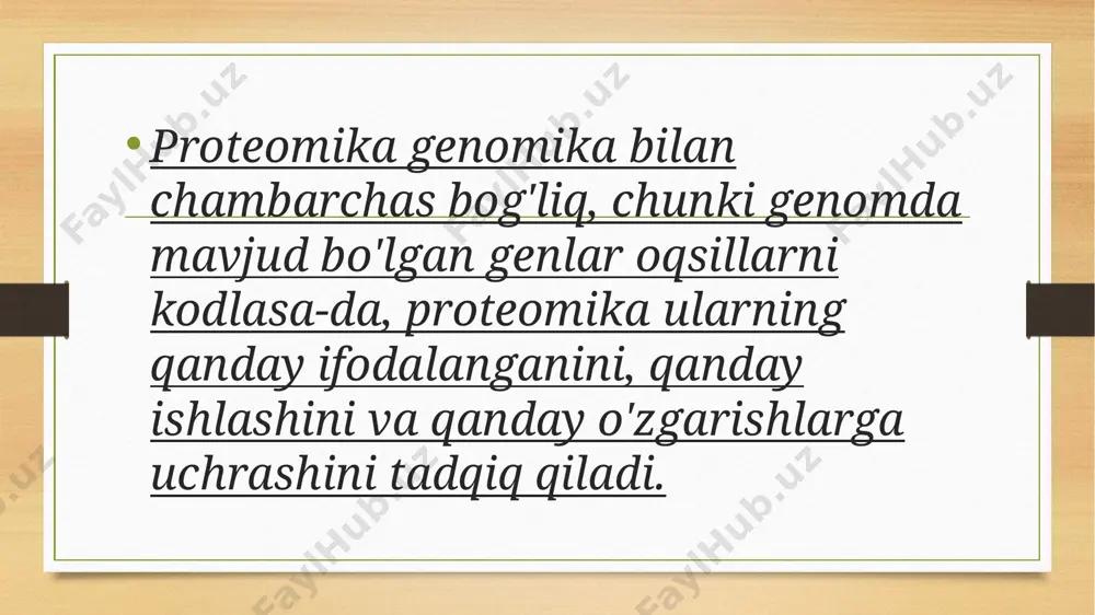 proteomik ma'lumotlar katta hajmdagi tahlilni talab qiladi, shuning uchun bu ma'lumotlarni analiz qilish va tushunish uchun ilg'or bioinformatika vositalari kerak bo'ladi. bu vositalar oqsil sekanslarini tahlil qilish, modifikatsiyalarni aniqlash, oqsil strukturasini bashorat qilish, va oqsil-protein interaksiyalarini modellash kabi vazifalarni bajaradi. proteomika, xususan, biomeditsina, dori ishlab chiqish, va diagnostika sohalarida katta ahamiyatga ega, chunki bu soha yangi biomarkerlar va dori targetlarini aniqlash imkonini beradi. proteomika ilm-fanining rivojlanishi kasalliklarni tashxislash, yangi davolash usullarini ishlab chiqish, va shuningdek, biotexnologiya sohasida yangi mahsulotlarni yaratish imkonini yaratmoqda. bu soha biologik tizimlarning ishlashini yanada chuqurroq tushunish imkonini beradi. etiboringiz uchun raxmat! image3.png image4.png /docprops/thumbnail.jpeg