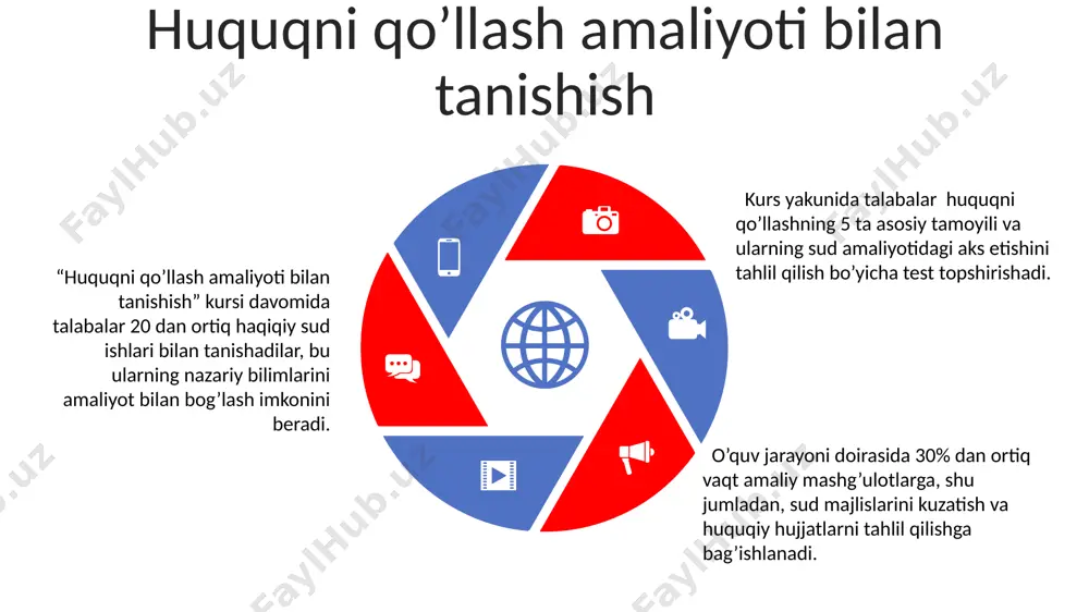 ni rivojlantirish orqali baholanadi. interaktiv o'quv dasturlari va simulyatsiyalar, huquqiy madaniyatni shakllantirishda 25% ga samaradorlikni oshiradi, degan tadqiqotlar mavjud. ta'limning pedagogik texnologiyalari, 30 dan ortiq o'quv uslublarini o'z ichiga olib, talabalarning amaliy ko'nikmalarini 80% ga oshirishga qaratilgan. kelajakdagi istiqbollar va takliflar huquqiy ta’limning kelajagi 5 yil ichida 30% ga o'sishi va digital texnologiyalarni keng qo'llash orqali o'quv jarayonini modernizatsiya qilishni nazarda tutadi. huquqiy madaniyatni shakllantirishda amaliy mashg'ulotlar sonini 2 baravar oshirish va pro bono ishlarni o'qitish orqali talabalarning huquqiy tajribasini boyitish taklif etiladi. kelgusi 10 yilda huquqshunoslarning malaka oshirish tizimini takomillashtirish va xalqaro standartlarga moslashtirish uchun 5 ta yangi o'quv dasturini ishlab chiqish zarur. e'tiboringiz uchun rahmat @taqdimot_robot image3.png image4.png image1.jpeg image2.jpeg