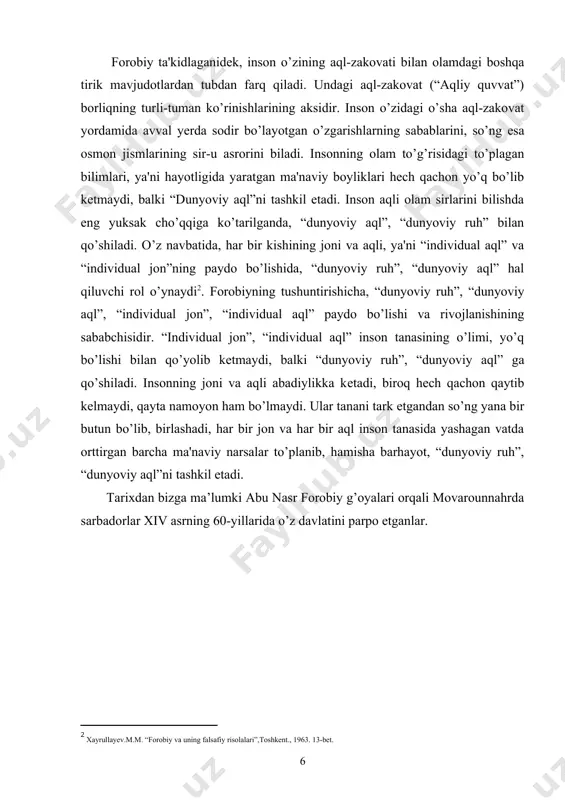 amoasiga ehtiyoj tug`uladi…bunday jamoa a’zolrining faoliyati bir butun holda, ularning har biriga yashash va yetuklikka erishuv uchun zarur bo`lgan narsaloarni yetkazib beradi. shuning uchun inson shaxslari ko`paydilar va yerning aholi yashaydigan qismiga o`rnashdilar, natijada, inson jamoasi vujudga keldi”. farobiy talqinicha, insoniyat jamiati turli xalqlardan tashkil topgan bo`lib, ular bir-birlaridan tillari, urf-odatlari, mamlakatlari, xususiyatlari bilan farq qiladilar. farobiy davlatning vazifasi baxt saodatga olib borishdir. bu esa ilim va yaxshi axloq yordamida qo`lga kiritiladi deb yozadi. farobiy davlatlarni: 1. o`z aholisini baxt-saodatga yetkazuvchi fozil davlat (al-madina al-fazila)larga. 2. boshqa xalqlarni bosib olib, ualrni qul sifatida foydalanadigan, o`z boyligini, farovonligi shu tarzda ta’minlaydiga adolatsiz, johil davlatlar (al-madina al-johiliya)larga bo`ladi. farobiy davlatni: · yetuk shaxslar (monarxiya). · yetuk hislatlarga ega bo`lgan bir necha shaxslar (aristokratiya). · saylangan shaxslar (demokratiya) yordamida boshqarish shakllarini qayd etadi. farobiy “fozil jamiyat va fozil shaxarlar (davlat) shunday bo`ladiki, shu mamlakatning aholisidan bo`lgan har biro dam kasb-hunar bilan shug`ullanadi. odamlar …