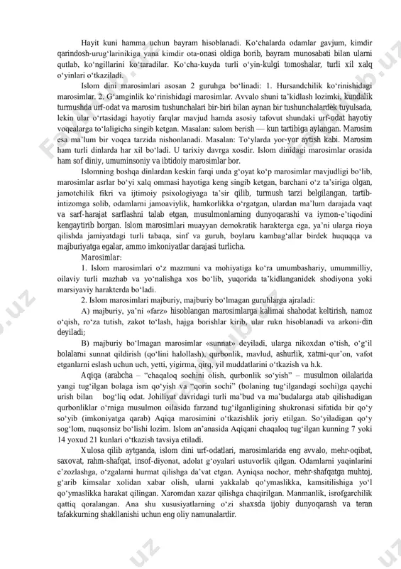 miy maqolalar nashr qilindi. shuningdek, markazda diniy xodimlarning bilim va saviyasini oshirishga qaratilgan o'quv-mashg'ulotlari tashkil etilib, 2008-2015 yillar mobaynida i davra bo'yicha 32 ta bosqich, 2015-2016 yillarda ii davra bo'yicha 6 ta bosqich o'quvlari tashkil etildi. mazkur o'quvlarda respublikamiz masjidlarida faoliyat ko'rsatayotgan 2488 nafar imom- xatiblarning diniy va dunyoviy bilimlari oshirildi. mustaqilik yillarida toshkent islom instituti va o'rta maxsus islom bilim yurtlarini jami 7000 nafarga yaqin talaba bitirib, respublikamizning turli hududlarida diniy-ma'rifiy soha bo'yicha faoliyat olib bormoqda. yangi o’zbekistonda so‘ngi yillarda har bir sohada, shu jumladan ta’lim sohasida islohotlar olib borilayotgani, o‘sib kelayotgan yosh avlodni kelajakda inson degan sharafli nomga munosib ravishda tarbiya va ta’lim olib kamol topishlariga mamlakatimizning oqil insonlari jon kuydirayotgani va bu borada ishlab chiqilayotgan va amalga oshirilayotgan amaliy ishdar va tadbirlar tahsinga sazovordir. ushbu jarayonda bugungi o‘zbek jamiyatining mutlaq ko‘pchiligi insonning ma’naviy dunyoqarashini shakllantirib, axloqini tarbiyalashdagi dinning yuksak axloqini, inson ruhiyatida insoniy fazilatlarni yaratuvchanligini qo‘llab - …