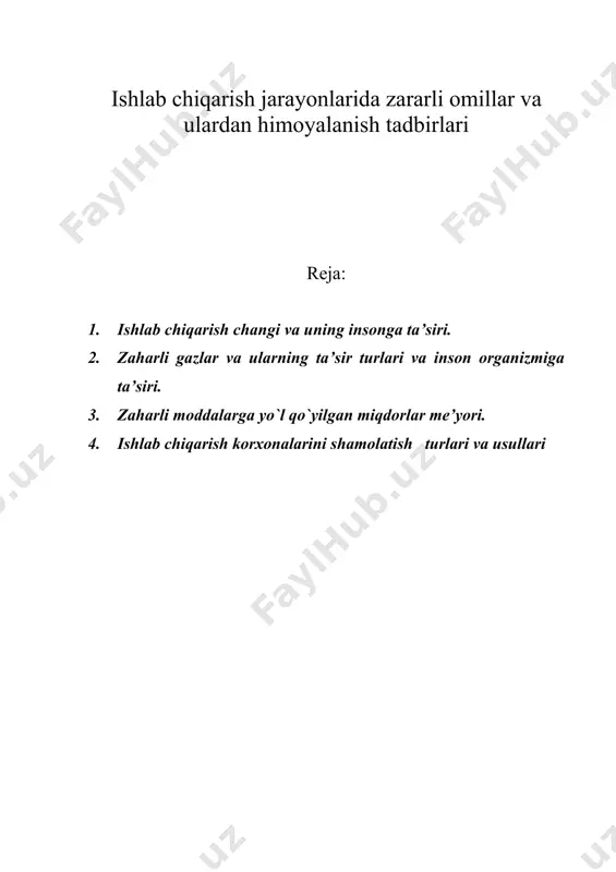 rakining kelib chiqishiga sharoit yaratishi mumkin. qo`rg`oshin, mis va boshqa metallarning changi inson organizmiga zaharlovchi modda sifatida salbiy ta’sir ko`rsatadi. changning hosil bo`lishi va tarqalishiga qarshi kurashda texnologik jarayonlar avtomatik usullarga o`tkazilgan halda jihozlarning zichligi oshirilib, ma’lum masofadan turib boshqarish tizimlariga o`tish muhim ahamiyatga ega hisoblanadi. zaharli gazlar va ularning ta’sir turlari ishlab chiqarish zaharlanishi deb, insonga mehnat sharoitida ta’sir etadigan, ish qobiliyati va sog`lig`ini susaytiradigan kasbiy yoki ishlab chiqarishda ro`y beradigan zaharlanishlarni vujudga keltiradigan omillarga aytiladi. ishlab chiqarish zaharlarining inson organizmiga ta’sir qilish belgilarini, ularning zararli va xavfliligi darajasini, asosan toksikologiya fani o`rganadi hamda zaharli gazlardan xavfsiz foydalanish maqsadida gigiyenik me’yorlar, tavsiyalar ishlab chiqadi. zaharlar umumiy va mahalliy ta’sir qilishi mumkin. a) umumiy ta’sir zaharning qonga so`rilishi natijasida rivojlanadi. masalan, marganetsdan zaharlanishda asab tizimi, benzol ta’sirida esa, qon ajratish organlari zarar ko`radi. b) mahalliy ta’sir ko`rsatishda, inson organizmidagi to`qimalarning shikastlanishi: ta’sirlanish, yallig`lanish hodisalari, ishqorli va kislotali eritmalar va bug`lar …