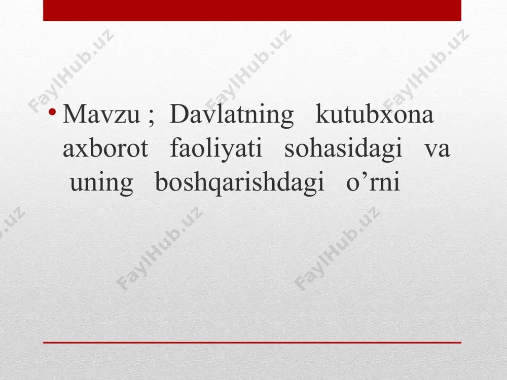 ali xodimlar bila taminlash . belgilanga maqsad va vazifalarni hisobga olgan holda quyidagi ustuvor yo’nalishlarni rivojlantirish zarur: qonunchilik bazasini alohida kutubxona axborot xizmati korsatishni rivojlantirish vazifalariga mos ravishda muvofiqlashtirish ; kutubxona axborot muassasalarini jamlash mehanizmini yaratish , shu jumladan elektron va boshqa tashuvchilarda nashrlar tog’risidagi ma’lumotlar tizimini shakllantirish. axborot kutubxona fondlarini saqlashni ta’minlash ; zamonaviy axborot kutubxona texnologiyalari asosida kutubxona axborot kadrlarini tayyorlash , malakasini oshirish va qayta tayyorlash tizimini rivojlantirish ; kutubxona axborot muassasalarining moddiy texnika bazasini mustahkamlash va ilmiy tadqiqot va uslubiy faoliyatni rivojlntiris va hk . keyingi yillarda respublikada kutubxona axborot faoliyatining holatini o’rganish bo’yicha o’tkazilgan tahlillar zamonaviy talablarni hisobga olgan holda kutubxona axborot muassasalarining rivojlanishi aholining axborot utubxona xizmatlaridan foydalanishining ijtimoiy kafolatlarini ta’minlash maqsadida me’yoriy - huquqiy bazani takomillashtirish zarurligini korsatmoqda . bugungi kunda o’zbekiston respublikasining axborot kutubxona faoliyatining qonunchilik va me’yoriy bazasi quyidagilardan iborat ; o’zbekiston respublikasining “ axborot kutubxona faoliyati tog’risida “, “mualliflik huquqlari …