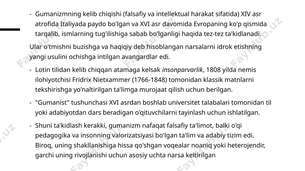 ilinadi. haqiqatning yagona poydevori sifatida dunyo haqidagi o`z qarashlariga ishongan uyg`onish davri odami dinshunoslik me`yorlari va qadriyatlarining mutlaq ustuvorligidan xalos bo`ldi. uyg`onish madaniyatining ajralmas xususiyatlari qatorida qadimgi yunon demokratiyasi institutlari va o`rta asr ritsar kodi singari asrlar davomida omon qolgan va uyg`onish davri ramzi bo`lgan insonparvarlik edi. shuni ta`kidlash kerakki, "gumanizm" atamasining o`zi keyinchalik, ma`rifatparvarlik davrida paydo bo`lgan. xix asrda. uning ahamiyati nihoyat aniqlandi va u antik davrda va uyg`onish madaniyatida sodir bo`lgan ma`naviy jarayonlarni retrospektiv tavsiflash uchun ham keng qo`llanila boshlandi. uyg`onish davri gumanizmining muhim xususiyatlari inson aqliga ishonish va haqiqatni bilish va axloqiy bahoni shakllantirish masalalarida ilohiyot monopoliyasini inkor etish edi. gumanistlarning ideal kishisi - bu o`z kuchiga tayanadigan, tabiiy va ma`naviy tamoyillarni uyg`unlashtirgan, boshqa odamlar manfaati uchun xizmat qiladigan erkin ijodkor shaxs. xudo darajasiga ko`tarilgan odamda butun dunyo kuchga ega. uning hayoti qanchalik boy va boy bo`lsa, uning ma`naviy intilishlari qanchalik keng bo`lsa, u shunchalik har tomonlama …