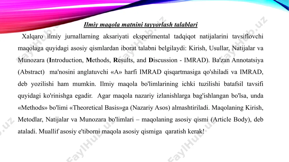 lsa, katta erishilgan natijalarga qaramay, sizning maqolangizni jurnalda nashr etishga rad etishni tavsiya qiladi maqola asosiy qismi: natijalar bo'limi natijalar bo'limi – bu maqolaning markaziy qismi, uning kuliminatsion bo'limidir. ushbu bo'limda erishilgan eksperimental yoki nazariy natijalar keltiriladi. tadqiqotga tegishli bo'lgan natijalar ushbu bo'limda keltiriladi. natijalar odatda biror shaklda va ko'rinishda taqdim etiladi: jadvallar, grafikalar, diagrammalar, tenglamalar, fotosuratlar, chizmalar yoki matn ko'rinishida. rasmlarda qisqacha sharhlar, taqqoslashlar, statistik baholar keltiriladi. natijalar bo'limida faqat natijalar keltiriladi. natijalar bo'limi qisqa bo'lishi kerak. maqola asosiy qismi: munozara bo'limi maqolani yozishda tadqiqot natijalarini qisqa va lo'nda shaklda ko'rsatiladi va so'ngra munozara (muhokama) etishni boshlaniladi. munozara bo'limi – maqolaning eng qiyin qismidir. natijalar bo'limida dalillar va faktlar keltirilsa, munozara bo'limida muallifning fikrlari, g'oyalari, tadqiqiqot davomidagi muammolari, amaldagi qo'llanishi muhokama qilinadi. munozara bo'limi ko'proq nazariy, umumlashtiruvchi va umumiy muammoga oid bo'lishi kerak. munozara bo'limi bevosita amaliyot bilan ko'proq bog'liq bo'lishi lozim, chunki unda olingan natijalarning ahamiyati va ularni …