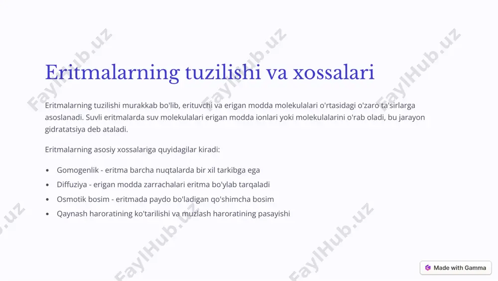 ng qo'llaniladi. https://gamma.app/?utm_source=made-with-gamma suvdagi elektrolitik eritmalar elektrolitik eritmalar - bu erigan modda ionlarga ajralib, elektr tokini o'tkazadigan eritmalardir. ular kimyo va biologiyada muhim rol o'ynaydi. kuchli elektrolitlar to'liq ionlarga ajraladi, masalan, natriy xlorid (osh tuzi) suvda to'liq na+ va cl- ionlariga ajraladi. elektrolitik eritmalarning asosiy xususiyatlari: elektr o'tkazuvchanlik osmotik bosimning yuqoriligi qaynash haroratining sezilarli darajada ko'tarilishi muzlash haroratining sezilarli darajada pasayishi https://gamma.app/?utm_source=made-with-gamma kuchsiz elektrolitik eritmalar kuchsiz elektrolitlar - bu suvda qisman ionlarga ajraladigan moddalar. ular kuchli elektrolitlarga nisbatan kamroq elektr o'tkazuvchanlikka ega. kuchsiz elektrolitlarga misol sifatida sirka kislotasi, ammiak va karbonat kislotasini keltirish mumkin. kuchsiz elektrolitlarning asosiy xususiyatlari: 1 qisman ionlanish kuchsiz elektrolitlar eritmada qisman ionlarga ajraladi, ya'ni ularning bir qismi molekula holatida qoladi. 2 muvozanat holati eritmada ionlanish va qayta birikish jarayonlari orasida dinamik muvozanat o'rnatiladi. 3 konsentratsiyaga bog'liqlik eritma suyultirilganda ionlanish darajasi ortadi, bu ostwald suyultirish qonuni bilan ifodalanadi. 4 amaliy ahamiyati kuchsiz elektrolitlar bufer eritmalar tayyorlashda, dori-darmonlar …