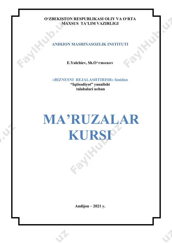 ............................................... muhokama va nazorat savollari……………… ………...................…… tavsiya etiladigan adabiyotlar…………………… ……............……….. 10–mavzu. tashkiliy reja va menejment 10.1. vazifasi va asosiy qoidalari………………………….......................… 10.2. boshqaruvni tashkil etish…………………………….......................... … 10.3. kadrlar siyosati va personalni boshqarish…………… ....................….. qisqa xulosalar……………………………………… …............……….. muhokama va nazorat savollari………………… ……................……… tavsiya etiladigan adabiyotlar……………………… ................……….. 11–mavzu. moliyaviy reja 11.1. moliyaviy rejaning mohiyati va asosiy bo‘limlari…..................…….. 11.2. daromad va xarajatlarni rejalashtirish ............................................... 11.3. korxonaning pul oqimlari, bashorat balansi va zarar ko‘rmasligini rejalashtirish………… …………....................................................…… qisqa xulosalar…………… .................................………………………. muhokama va nazorat savollari………....................……………… …… tavsiya etiladigan adabiyotlar……………....................……… ……… 12–mavzu. biznesni rejalashtirishning samaradorligini baholash 12.1. vaqt bo‘yicha pul qiymati…………… ........................… … ……………. 12.2. inflyasiyani baholash………………….................… …………………… 12.3. biznesni rejalashtirishni amalga oshirish uchun investitsiyalar samaradorligini baholash ko‘rsatkichlari va ularni hisoblash uslubiyati ……………………………................................................... … qisqa xulosalar……………………… …………………...........……….. muhokama va nazorat savollari……………………… ……............…… tavsiya etiladigan adabiyotlar………………… ……………...............… izohli lug‘at…………………………… ………………………................ adabiyotlar ro‘yxati……………..…………… ……………….................. kirish bozor iqtisodiyoti sharoitlarida ishlab chiqarish faoliyati bilan shug‘ullanuvchi har bir korxona ko‘p sonli va turli …