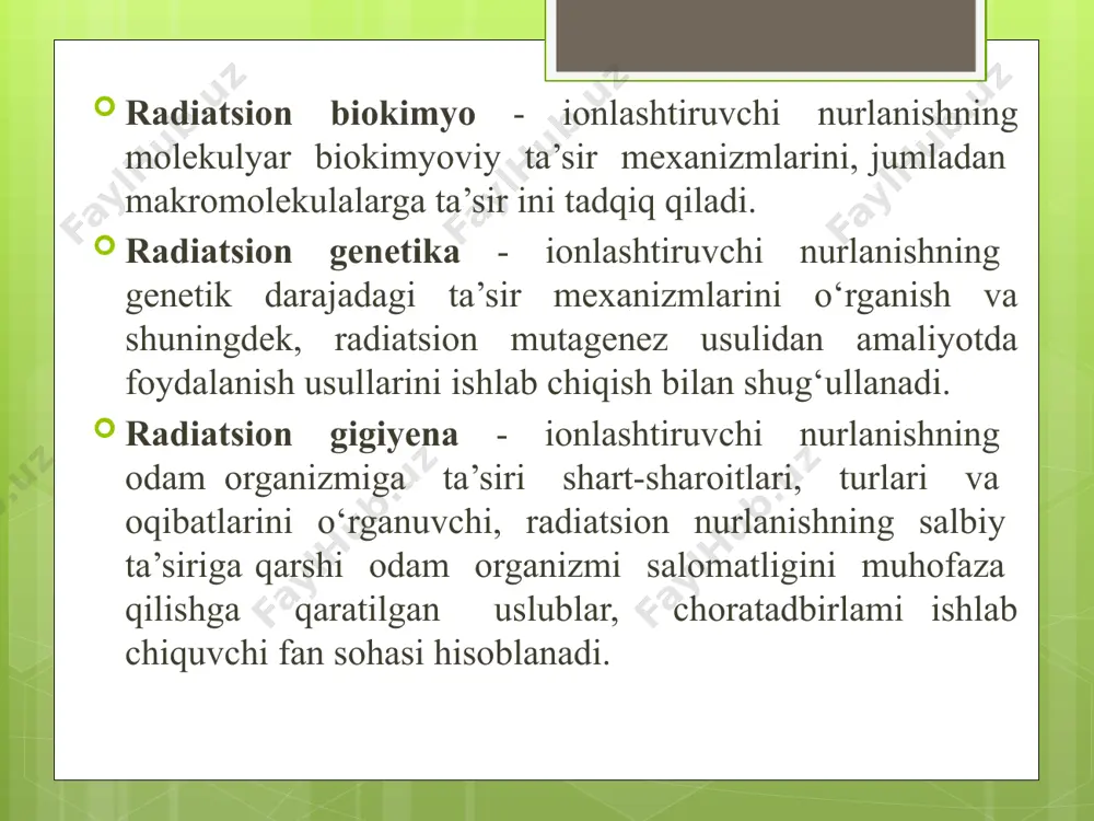 n, infraqizil (iq) nurlanish reaksiyalar tezligini oshiradi. energiyasi 200- 300 nm bo’lgan fotonlar oqsillar va nuklein kislotalar tomonidan yutilib, molekulalarni qo’zg’algan holatga, ya’­ni molekulaning yuqoriroq energiya sathiga (qo’zg’algan holatga) o’ti­shiga olib keladi. qo’zg’algan molekula kimyoviy reaksiyaga osonlikcha kirishadi. aynan mana shunday fotokimyoviy reaksiyalar, oxirgi nati­jada oqsillar, nuklein kislatalar va boshqa biopolimerlarda fotobiologik effektlarga sabab bo’ladi. ko’rinuvchi nur esa, fotosintez, fotoresensiya, fotomorfogenez hamda fotodinamik effektlar uchun ak­tiv hisoblanadi. molekulaning qo’zg’algan holatlari va energiyaning migrasiyalanishi. yerug’likning modda tomnidan yutilishi molekulyar jarayon bo’lib, mazkur hodisa murakkab biologik strukturalarga (yadro, mitoxond­riya, hujayra va boshqalarga) dahldor emas. yerug’lik molekula tomo­nidan, energiyasi h = hc/ ga teng kvantlar tarzida, 10-14 - 10-15 sek davomida yutilib bo’ladi. yorug’likning molekula tomonidan yutilishi, fizikaviy jarayon bo’lib, u quyidagicha tasvirnanadi: ao + h = a* bu yerda a* - molekulaning qo’zg’algan holati, yorug’lik yutilganda nur energiyasi elektrollarning tebranma va aylanma energiyalariga aylanadi va shu munosabat bilan molekulaning elektron konfigurasiyasi o’zgaradi. …