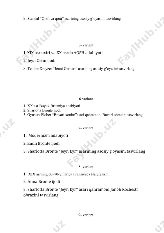 asosiy g’oyasini tasvirlang 13- variant 1. xix asrning 70–80-yillarida fransiyada simvolizm 2. prosper merime ijodi 3. somerset moem “oy va sariq chaqa” asarining asosiy g’oyasini tasvirlang 14- variant 1. jahon adabiyotida futurism oqimi 2. gyustav flober ijodi 3. akutagavaning “suv osti mamlakati” asarining asosiy g’oyasini tasvirlang 15- variant 1. jahon adabiyotida expressionism 2. semyuel lenghorne klemens (mark tven) ijodi 3. oskar uayldning “doriyan greyning portreti” asari gahramoni doriyan grey obrazini ta’riflang. 16- variant 1. jahon adabiyotida ekzistensializm 2. uilyam sidni porter (o.genri) ijodi 3. j.londonning “martin iden” asarining asosiy g’oyasini tasvirlang 17- variant 1. angliya -amerika adabiyotida imajizm 2. jek london ijodi 3. j.londonning “martin iden” asari qahramoni martinga ta’rif bering 18- variant 1. jahon adabiyotida dadaizm 2. oskar uayld ijodi 3. balzakning “goriyo ota” asarining asosiy g’oyasini tasvirlang 19- variant 1. xix asr oxiri — xx asr boshlarida fransiyada impressionizm 2. bernard shou ijodi 3. stendal “qizil va qora” …