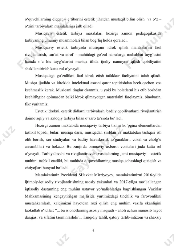 agi ma`ruzasi. “халқ сўзи” gazetasi. 2017 yil 16 yanvar. 11-son. ] prezidentimiz shavkat mirziyoyev miromonovich ham kelajagimiz yoshlarini ma’naviyatini yuksaltirish va ularni bo‘sh vaqtlarini mazmunli tashkil etish boʻyicha beshta muhim tashabbus bilan chiqdilar. birinchi tashabbus yoshlarni musiqa, rassomchilik, adabiyot, teatr va sanoatning boshqa turlariga qiziqishlarini oshirishga, istedodini yuzaga chiqarishga xizmat qiladi. ikkinchi tashabbus yoshlarni jismoniy chiniqtirish, ularning sport sohasida qobilyatini namoyon qilish uchun zarur sharoitlar yaratishga yo‘naltirilgan. uchinchi tashabbus aholi va yoshlar o‘rtasida kompyuter texnologiyalari va internetdan samarali foydalanishni tashkil etishga qaratilgan. to‘rtinchi tashabbus yoshlar maonaviyatini yuksaltirish,ularni o‘rtasida kitobxonlikni keng targ‘ib qilish bo‘yicha tizimli ishlar tashkil etishga yo‘naltirilgan. beshinchi tashabbus xotin-qizlarni ish bilan taominlash masalalari nazarda tutilgan. musiqa ayrim kishilar aytganidek dam olish, hordiq chiqarish vositasi emas. sanoat bu insonda fikr uygʻotuvchi, his – hayajonlarini bir maqsad tomon yoʻnaltiruvchi, kishilarni yaxshi ulugʻvor ishga safarbar etuvchi, ona –vatanimizni soʻz va ohanglarda tarannum etib yoshlarda vatan tuygʻusiniuygʻotuvchi, uni oʻstiruvchi ajoyib – gʻaroyib …