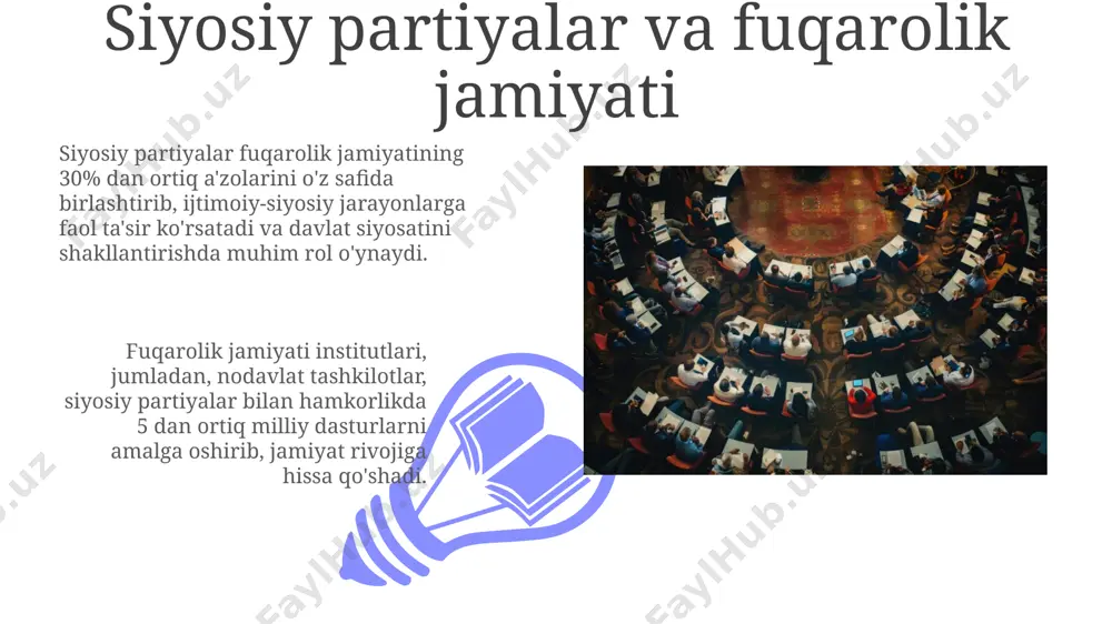 li ta'sir ko'rsatishi mumkin. siyosiy partiyalar ommaviy axborot vositalaridan foydalanib, 50% ga yaqin aholini qamrab oladigan targ'ibot kampaniyalari orqali jamoatchilik fikriga ta'sir o'tkazishga harakat qiladilar, bu esa ularning siyosiy kuchini oshiradi. siyosiy partiyalar va ijtimoiy adolat ko'p partiyali tizimda, 3 dan ortiq partiyaning ishtiroki bilan, teng vakillik tamoyili orqali, barcha ijtimoiy guruhlarning manfaatlarini himoya qilish va ijtimoiy adolatni mustahkamlashga 15% ga yaqin hissa qo'shilishi mumkin. siyosiy partiyalar, 50%dan ortiq ovoz to'plagan holda hukumatni tuzish imkoniyatiga ega bo'lib, ijtimoiy adolatni ta'minlashda muhim rol o'ynaydi, chunki ularning dasturlarida ijtimoiy tengsizlikni kamaytirishga qaratilgan 10 dan ortiq band mavjud bo'lishi mumkin. siyosiy partiyalar va saylov jarayoni 01 02 saylov jarayonida partiyalar ro'yxatdan o'tish uchun minimal a'zo soni – 5000 kishini to'plashga majbur bo'lib, bu jarayon qonunchilikda belgilangan tartib-qoidalarga muvofiq amalga oshiriladi. sales 1st qtr 2nd qtr 100 0 sales 1st qtr 2nd qtr 100 0 siyosiy partiyalar va korrupsiya partiya moliyalashtirilishiga oid qonunlarning zaifligi, …