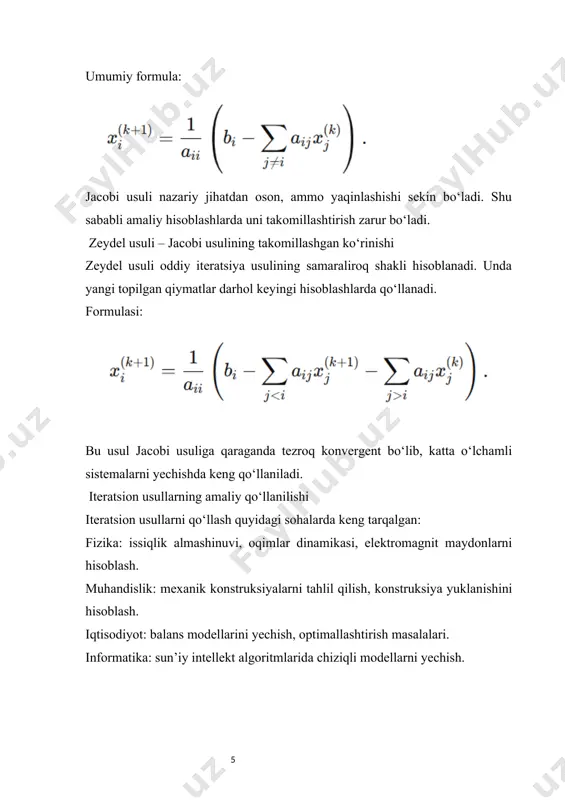 formulasining algoritmi zeydel usulining algoritmi quyidagi bosqichlardan iborat: boshlang‘ich taxmin olinadi. iteratsion formula yordamida har bir noma’lum ketma-ket hisoblanadi: avval x₁^(k+1), so‘ng x₂^(k+1), shu tartibda xₙ^(k+1) gacha. har bir yangi qiymat darhol keyingi hisoblashlarda qo‘llanadi. to‘xtash sharti: ‖x^(k+1) − x^(k)‖ < ε, ya’ni farq ma’lum aniqlik ε dan kichik bo‘lsa, hisoblash tugatiladi. matematik yaqinlashish sharti zeydel usulining yaqinlashishi uchun koeffitsiyentlar matrisi a diagonal ustunlikka ega bo‘lishi kerak, ya’ni: har bir iii uchun. agar bu shart bajarilsa, usul yechimga kafolatli yaqinlashadi. keling, oddiy misolni ko‘rib chiqamiz. quyidagi tenglamalar sistemasini zeydel usuli bilan yechamiz: bosqich 1. iteratsion formula yozamiz: bosqich 2. boshlang‘ich taxmin: bosqich 3. hisoblash: 1-iteratsiya: 2- iteratsiya: shu tarzda jarayon davom etadi va yechimga yaqinlashadi. zeydel usuli turli fan va texnika sohalarida qo‘llaniladi: muhandislik: issiqlik o‘tkazuvchanlik tenglamalarini diskretlashtirishda; iqtisodiyot: balans modellarida (masalan, leontyev modeli); fizika: elektr zanjirlaridagi toklarni hisoblashda; informatika: katta o‘lchamli sistemalarni kompyuter orqali yechishda. ushbu usulning asosiy ustunligi …