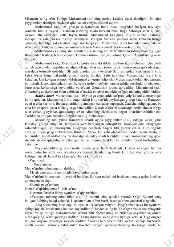 xudosizlik sanamlari takchalarga terib qo’yilganligidan keyin muhammad (sav) ularni bu yerdan chiqarib tashlaganligidan bilsa bo’ladi: har bir arab qabilasining o’z xudosi haykalchalari bo’lib, bularning soni 360 ga etgan. natijada kaobada barcha arb qabilalari sig’ingan maojo’ziylik ziyoratgohiga islomdan bir necha yillar oldinroq aylangan edi. bular orasida quraysh qabilasining al- iloh deb nomlangan, keyinchalik olloh nomiga asos bo’lgan sanami ham bo’lgan. arab qabilalari oralaridan bilimli, xalqparvar, elim deb, yurtim deb, yonib yashaydigan ilg’or kishilar etishib chiqa boshlagan. ular o’z elatlarining mushkil ahvolini, ayniqsa ularning tarqoqligini ko’rib, ularning taqdiri (kelajagi) haqida o’ylay boshlaganlar. ularni birlashtirish, o’zaro do’st, hamkor, hamjihat qilish yo’llarini izlay boshlaganlar. buning uchun ular tarqoq qabilalarni yagona din atrofida birlashtirish zarurligini anglay boshlaganlar. natijada yarim orolda haniflar, ya’ni takvodor, hak-hakikat izlovchi, chinakam e’tiqod kiluvchilar deb atalgan vaozxonlar yo’zaga kelgan. haniflardan sajjah, to’layh, asvad, musaylima qabilar ancha mashhur bo’lganlar. muhammad (sav) ham oldin hanif bo’lib, yangi din targ’ibotini haniflardan biri sifatida boshlagan. …