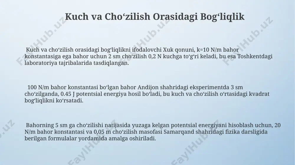 q integralni hisoblashda, masalan, 2 dan 5 gacha boʻlgan chegaralar bilan berilgan f(x) = x² funksiyasining aniq integrali, nyuton-laybnits formulasi yordamida, 5³ / 3 - 2³ / 3 = 39/3 kabi topiladi. aniq integral, masalan, samarqanddagi 100 talik sinf oʻquvchilari orasida oʻtkazilgan test natijalari grafigʻini tahlil qilishda, umumiy ballar yigʻindisining aniq qiymatini topishda qoʻllaniladi. bahorning potensial energiyasini hisoblash formulasi bahorning potensial energiyasi (ep) 1/2kx² formula bilan hisoblanadi, bu yerda k – bahorning qattiqlik koeffitsienti (n/m), x esa bahorning choʻzilishi yoki siqilishi (metr) hisoblanadi. masalan, 5 n/m qattiqlikdagi bahor 2 metrga choʻzilganda, uning potensial energiyasi 10 jouliga teng bo'ladi. bahorning potensial energiyasini hisoblash formulasi mexanika va fizika, xususan toshkentdagi o'zbekiston milliy universiteti kabi oliy o'quv yurtlarining fizika kurslarida muhim o'rin tutadi. 2-kurs talabalari bu formulani amaliy mashg'ulotlarda qo'llaydilar. bahorning potensial energiyasi formulasi, xususan, 18-asrda ingliz fizigi robert huk tomonidan ochilgan huk qonuniga asoslanadi. bu qonun, bahorning choʻzilishi yoki siqilishi bilan unga …