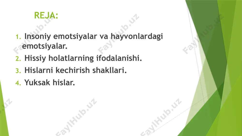 hlarni o`z tarkibiga oladi. his - tuyg`ularning tashqi ifodasiga yuz ifodasi, imo - ishora, vajohat va qaddi - qomatning o`zgarishi, ayrim tashqi chiqaruv bezlarining faoliyati (yosh, so`lak, ter ajralishi) va ayrim harakatlar xususiyatlaridagi o`zgarishlarni kiritish mumkin. xissiyotning mimikada namoyon bo`lishi kishining emotsional kechinmalar vaqtida nutqning tezligi o`zgaradi. ko`pincha nutqning sintaksis tuzilishi buziladi, tezligi va ohangi o`zgaradi.o`tkazilgantekshirishlar shuni ko`rsatadiki, g`amginlik va mayuslik hislarini ifodalovchi nutq vaqtida shu nutqning so`zlovchi kishining ovozi beixtiyor pasayib ketadi. hislarni kechirish shakllari hissiy kechinmalar turli hollarda turlicha tezlik bilan paydo bo`ladi. ba`zan hissiyotlar juda to`satdan, darhol paydo bo`ladi. masalan, kishi birdan xursand bo`lib ketadi, darhol g`azabga keladi, achchiqlanadi va hokazo. lekin ba`zan shu hissiyotlarning o`zi daf`atan qo`zg`almaydi, balki asta-sekin tug`ila boshlaydi. shunday hissiy kechinmalar borki, ularning qay darajada tez paydo bo`lmasligini belgilash qiyin yoki butunlay belgilab bo`lmaydi. emotsional kechinmalarning kuchi turlicha bo`lishi mumkin. hissiyotning kuchi avvalo yoqimli va yoqimsiz tuyg`ularning naqadar kuchli bo`lishidadir. hissiyotning kuchi shu …