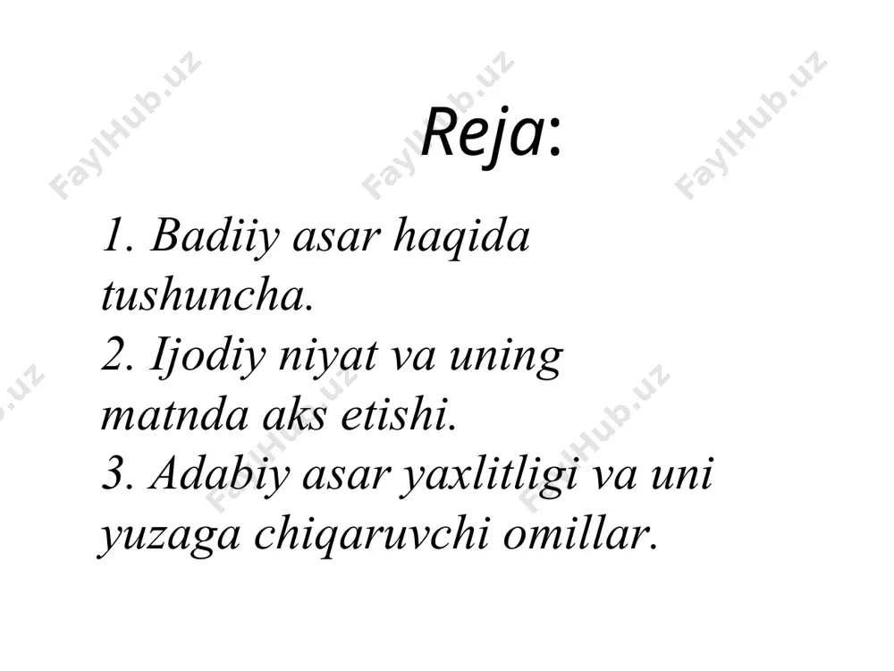 akliy ko‘rinishlari bo‘ladi. bularning hammasi badiiy asarda yaxlitlikda, jonli butunlikda tasvirlanadi. badiiy asar janr belgilari uning ichki birliklarini tutashtirish barobarida shu tipdagi boshqa mualliflar asarlari bilan ham bog‘lanadi. аsarni badiiy butunlikda tutib turuvchi muallif niyati, mavzu, g‘oya, muammo, muallif konsepsiyasi; timsollar olami, syujet, kompozitsiya, badiiy nutq va uning vositalari kabi bir qator komponentlar borki, ularning har biri badiiy asar muayyan estetik vazifani bajaradi. ulardan birining ifodasi sust yoki oqsoq bo‘lsa, tabiiyki, butun jonli organizm hisoblangan asar (matn)ning badiiyligiga putur etkazishi mumkin. badiiy asar ijodiy muloqot vositasi sifatida muallif bilan kitobxonni yaqinlashtiradi badiiy asar ilmiy, diniy, axloqiy, publitsistik v.b. asarlardan farqli ravishda, asosan, go‘zallik qonunlariga bo‘ysungan holda badiiy timsollar orqali ifodalanadi. badiiy asar ta’sir kuchi, kitobxonlar va adabiy jamoatchilik tomonidan e’tirof etilishi, milliy adabiyotdagi va badiiy tafakkur tarixidagi o‘rni mana shu badiiy timsollarning naqadar hayotiyligi, badiiy mushakkalligi va jonliligiga bog‘liq bo‘ladi. badiiy ijod – ijodiy jarayon mahsuli bo‘lib, dastlabki ma’noda yangi …