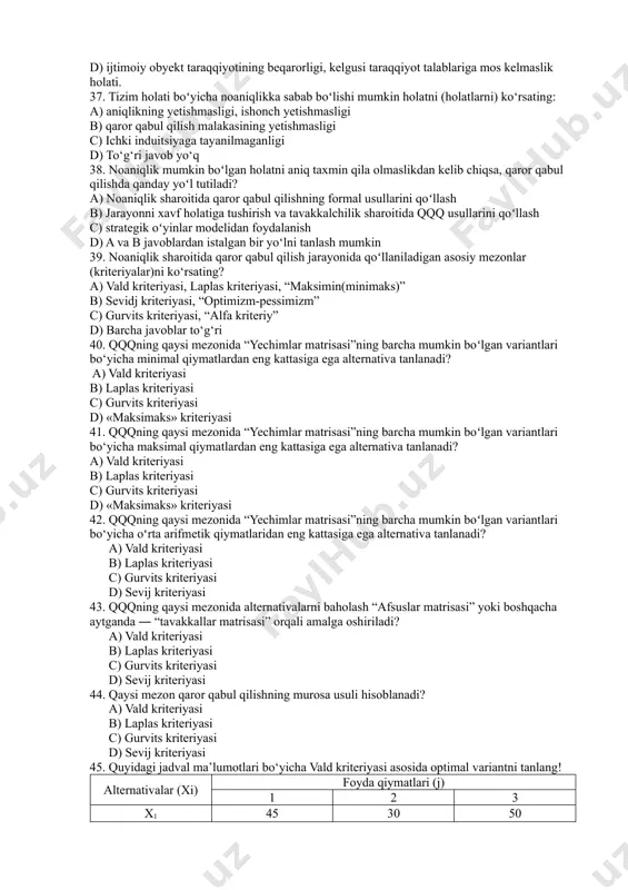 ining tanlanishi. b) muammoni yechish uchun tegishli alternativ variantlarni ishlab chiqish. c) muammoni yechish uchun axborotlarni tahlil qilish d) ijtimoiy, siyosiy va iqtisodiy talablarni qondirish 30. qaror qabul qilish – bu... a) shaxs tomonidan maqsadga erishish uchun qarorning mavjud variantlaridan eng maqbulini tanlash jarayonidir. b) qarorning mavjud variantlarini ishlab chiqish jarayonidir. c) qaror qabul qilishga ta‘sir qiladigan omillarni tanlash jarayonidir. d) muammoli vaziyatga ta‘sir qiladigan omillarni tanlash jarayonidir. 31. oldindan ma‘lum boʻlgan algoritm boʻyicha qaror qabul qilish ..... qqq deb nomlanadi. a) determinasiyali b) standart c) yaxshi tuzulgan d) formallashgan 32. qaror qabul qilishning klassik turlari bu- a) yakka xolda, kollegial, jamoaviy. b) global, lokal. c) strategik, taktik, operativ. d) yakka xolda, kollegial. 33. maqbul variant tanlovini amalga oshiruvchi va oʻz qarorlari uchun javobgarlikni olib boruvchi shaxs... a) qaror qabul qiluvchi shaxs. b) yechim variantlarini ishlab chiquvchi shaxs. c) muammoni tanlovchi shaxs. d) muammoni tahlil qiluvchi shaxs. 34. noaniq omillar, …