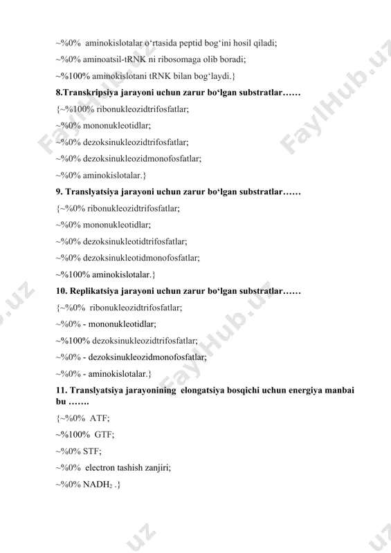 tlar; ~%100% aminokislotalar.} 10. replikatsiya jarayoni uchun zarur bo‘lgan substratlar…… {~%0% ribonukleozidtrifosfatlar; ~%0% - mononukleotidlar; ~%100% dezoksinukleozidtrifosfatlar; ~%0% - dezoksinukleozidmonofosfatlar; ~%0% - aminokislotalar.} 11. translyatsiya jarayonining elongatsiya bosqichi uchun energiya manbai bu ……. {~%0% atf; ~%100% gtf; ~%0% stf; ~%0% electron tashish zanjiri; ~%0% nadh2 .} 12.daunomitsin terapevtik effekt ko‘rsatadi va quyidagi jarayon ingibitori bo ‘lib hisoblanadi ……. {~%100% replikatsiyaning; ~%0% transkripsiyaning; ~%0% translyatsiyaning; ~%0% posttranslyatsion ghjsessingni; ~%0% rekognisiyani.} 13. gemoglobinning kislorodga moyilligini boshqaruvchi 2,3-bifosfogliserat ...... tarkibiga kiradi. {~%0% gem temiriga; ~%100% markaziy bo‘shliq; ~%0% n- oxiri β-gemoglabin zanjiriga; ~%0% к с- oxiri β- gemoglabin zanjiriga; ~%0% proksimal gistidinag f8 polipeptid gemoglabin zanjiri.} 14.bora-verigo-effekti bu……. {~%0% harorat ko‘tarilganda gemoglabinning kislorodga moyilligi kamayishi; ~%0% со2 parsial bosimining ortishida gemoglobinning kislorodga moyilligi kamayishi; ~%100% muhitning kislotaligi ortishida gemoglabinning kislorodga moyilligi kamayishi; ~%0% harorat ko ‘tarilganda gemoglabinning kislorodga moyilligi ortishi; ~%0% со2 parsial bosimining ortishida gemoglabinning kislorodga moyilligi ortishi.} 15.qonning eng kuchli buffer …