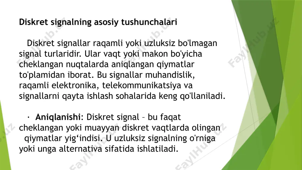 : biometrik tizimlar yuz ma'lumotlarini raqamli shaklda qayta ishlaydi. 2. ovoz va nutqni qayta ishlash (speech processing) sun’iy intellekt tizimlari nutqni qayta ishlash uchun diskret signallardan foydalanadi. ovoz raqamlashtirish: analog nutq signallari diskret shaklga o‘tkaziladi. nutqni tanib olish: siri, google assistant kabi tizimlar diskret signallar orqali ovozni matnga aylantiradi. ovoz sintezi: sun’iy ovoz generatsiyasi uchun diskret signal asosida ishlovchi tts (text-to-speech) tizimlari qo‘llaniladi. 3. ma’lumotlar tahlili va prediktsiya (data analytics) diskret signallar sun’iy intellektga ma'lumotlar tahlilida yordam beradi. sensor ma'lumotlari: iot qurilmalardan keladigan diskret signallarni tahlil qilish orqali prediktsiyalar amalga oshiriladi. anomaliyalarni aniqlash: tarmoq xavfsizligida diskret ma'lumotlardan foydalangan holda hujumlarni aniqlash. 4. robototexnika robotlarning harakatlari va qarorlarini boshqarishda diskret signallar ishlatiladi. sensorlardan keladigan ma'lumotlar: robotlar muhitdan kelgan analog ma'lumotlarni diskret shaklga o‘tkazib ishlaydi. boshqaruv tizimlari: diskret signal orqali robotlarning motorlari va aktuatorlari boshqariladi. 5. tabiiy tilni qayta ishlash (nlp) tabiiy tilni qayta ishlash algoritmlarida diskret signalni tahlil qilish asosida quyidagi …