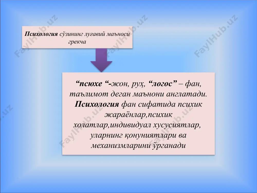 ини билишида ифодаланадиган, айниқса мақсадга эришиш йўлида учрайдиган жисмоний ва руҳий қийинчиликларни енгиб чиқишда намоён бўладиган ихтиёрий фаоллигидир. эмоция (лотинча emovere – ҳаракатга келтириш, тебратиш) – одамнинг айни пайтдаги бирламчи эҳтиёжлари қондирилиши ёки қондирилмаслигига нисбатан унинг қисқа муддатли муносабати сифатида вужудга келувчи ҳиссий ҳолатдир. k.изард классификацияси қизиқиш, ҳаяжон k.изард классификацияси ҳурсандчилик k.изард классификацияси жахл k.изард классификацияси қўрқув k.изард классификацияси жирканиш k.изард классификацияси ҳайратланиш k.изард классификацияси ғам андуҳ k.изард классификацияси уялиш k.изард классификацияси айбдорлик ҳисси хаёл деб одамнинг онгида илгаридан бор бўлган вақтли алоқаларнинг (ассоциацияларни) қайтадан тикланиши ва бир-бири билан янгича қўшилиши орқали нарса ва ҳодисаларнинг янги образларини ҳосил қилишга айтилади. диққат деб, организмни бир нуқтага тўплаб, муайян бир обьектга фаол қаратилишига айтилади. сезгининг таснифи сезги деб, атрофимиздаги нарса ва ҳодисаларнинг сезги аъзоларимизга бевосита таъсир этиши натижасида уларнинг айрим белги ва хусусиятларини миямизда акс эттирилишини айтамиз. идрок деб, сезги аъзоларига бевосита таъсир этиб турган нарса-ҳодисалар образларини киши онгида бир бутун ҳолда …
