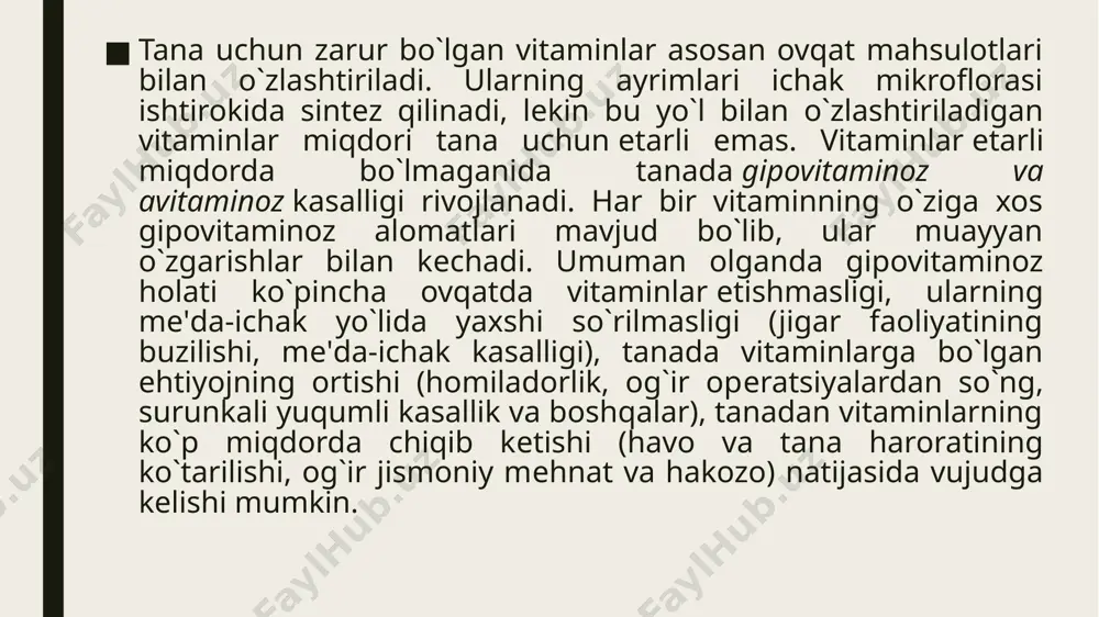 nduzlik zarur miqdori, mg yog`da eruvchilar a d k е aksеroftol. rеtinol ergokaltsifеrol naftoxinon tokofеrol rеtinol atsеtat, baliq moyi ergokaltsifеrol vikasol tokofеrol atsеtat 1, 5-2 (5000-6500 b) 0, 0125 (500 b) 15 aniqlanmagan suvda eruvchilar b1 b2 tiamin riboflavin tiamin bromid tiamin xlorid riboflavin 2 1, 5-2 b6 bc b12 pp c b15 p “u” piridoksin folat kislota tsianokobalamin nikotin kislota amidi askorbin kislota pangamat kislota rutin mеtilmеtionin-sulfoniy xlorid piridoksin gidroxlorid folat kislota tsianokobalamin nikotin kislota nikotinamid askorbin kislota kaltsiy pangamat rutin mеtilmеtioninsulfoniy xlorid 2 2 0, 001-0, 002 15-20 70-100 100-300 100-200 300-500 vitamin е (alfa tokofеrol). ushbu vitaminning tana uchun ahamiyati jonivorlar ustida o`tkazilgan tajribalar davomida aniqlangan. vitamin е yеtishmasligi natijasida hayvonlarning urchish qobiliyati buziladi. erkak hayvonlarda urug`-spеrma ishlab chiqarish to`xtaydi. homilalik davrida esa homilaning taraqqiy qilishi sеkinlashadi.urchitilgan tuxum hujayrasining implantatsiyasi (bachadon dеvoriga yopishishi) buziladi. shu bilan bir qatorda mushaklarda dеgеnеrativ o`zgarishlar yuz bеradi, yurak faoliyati, miokardning qisqarish …