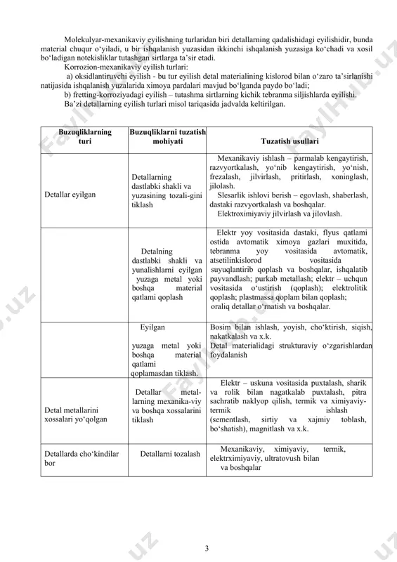 r) shu ko‘rsatgichlarning asta-sekin va uzluksiz o‘zgarish protsessidir. eskirish- shu rejimiga bogliq bo‘lmagan sabablar ta’sirida o‘lchash qurilmalaridagi detallar (mexanizmlar, uzellar) xarakteristikalarining asta-sekin va uzluksiz o‘zgarish protsessidir. o‘lchash qurilmalaridagi detallarning eskirishi umuman olganda uning detallari eyilishining oqibatidir. mazkur holda eyilish deyilganda ishqalanish vaqtida detallar sirtidan metal zarrachalarining sidirilishi va sirtlarning plastik deformatsiyasi natijasida detallar o‘lchamlarining asta-sekin o‘zgarish protsessi tushuniladi. detallarning eyilishi darajasi asosan ishqalanish turlariga bog‘liq. o‘lchash qurilmalarida: 1) xarakatning mavjudligi va xarakteriga va moylangan-moylanmaganligiga bogliq bo‘lgan asosiy ikki ishqalanish bor. xarakatning mavjudligiga va xarakteriga ko‘ra ishqalanish tinch xoldagi ishqalanishga va xarakatdagi ishqalanishga bo‘linadi. xarakatdagi ishqalanishning quyidagi turlari bor: 1) dumalanishdagi ishqalanish; 2) sirpanishdagi ishqalanish; 3) sirpanib dumalashdagi ishqalanish. moylanish mavjudligiga ko‘ra ishqalanishning quyidagi turlari bor: 1) moysiz (quruq) ishqalanish; 2) chegaraviy ishqalanish; 3) suyuqlikli ishqalanish. ishqalanishning yuqorida ko‘rsatilgan barcha turlari detallar va ular tutashmalarining ishida biror darajada sodir bo‘lib, eyilishiga olib keladi. eyilishning quyidagi asosiy turlari bor: 1) mexanikaviy; 2) …