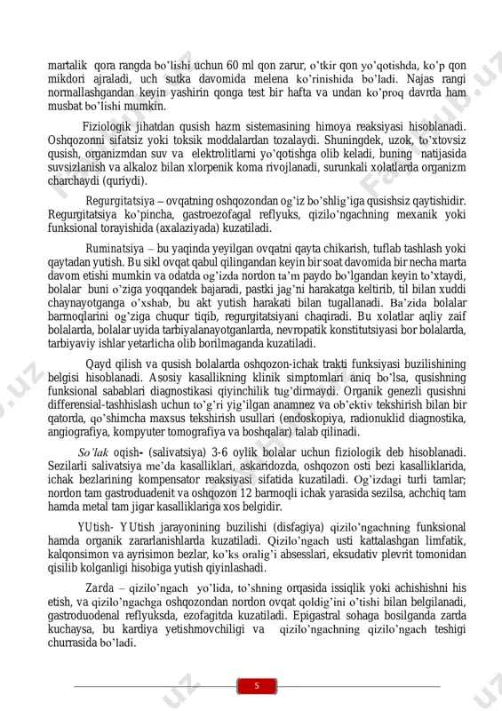 echadi. miyaga bog’liq qusish ovqat yeyish bilan bog’liq bo’lmaydi, kungil aynash kuzatilmaydi, bu turdagi qusish bemor holatini yengillashtirmaydi, qusiq moddalari xidsiz, xira bo’ladi. klinikasida bosh og’rishi, ko’rishning buzilishi va xushsizlik ustunlik qiladi, oshqozon- ichak trakti kasalliklari kuzatilmaydi. gematotoksik qusish - jigar va buyrak yetishmovchiligida, moddalar almashinuvi kasalliklarida (galaktozemiya, atsetonemik qusish, diabetik prekoma va boshqalar), digitalisli intoksikatsiya, gipervitaminoz d, o’tkir zaharlanish va boshqalarda kuzatiladi. visseral yoki chin reflektor – bu qizilo’ngach, oshqozon, ichakli qusishdir. qizilo’ngachli qusishni (chin qusish va qayd qilishdan farqi) ovqat va suyuqliklarni oshqozonga yetib bormasdan chiqarib tashlash, bu tug’ma qizilo’ngach atreziyasi, tug’ma yoki orttirilgan qizilo’ungach stenozlari, uning divertikuli, ahalaziyasida kuzatiladi. qusish ovqatdan keyin darrov yuz beradi, bunda qusqi moddalari nordon, hidsiz (oshqozon shirasi bilan bog’liqligi bo’lmaydi), oz miqdorda, hazm bo’lmagan ovqatdan tashkil topgan bo’ladi. oshqozondan qusish – ko’prok oshqozon kasalliklarida yuzaga keladi. o’tkir va surunkali gastritlar, gastroduodenitlar, yara kasalligi, ichak infeksiyalari va toksikoinfeksiyalarda qusish ko’ngil aynash bilan bog’langan, …