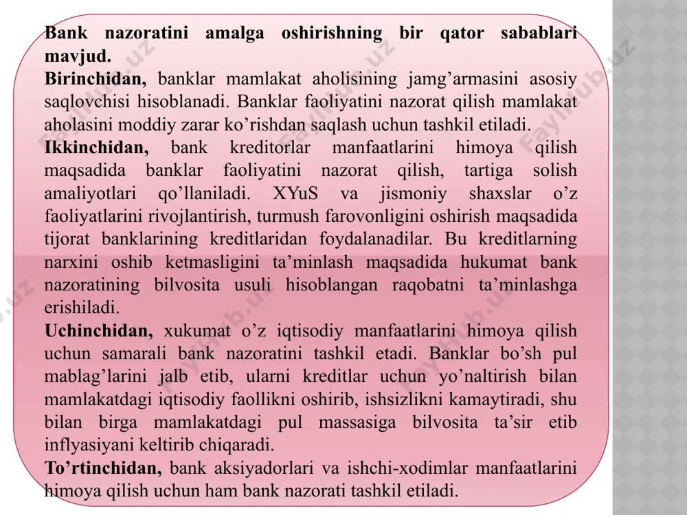 qarz oluvchilar guruhiga doir tavakkalchilikning eng ko‘p miqdori; yirik kredit tavakkalchiliklarining va investitsiyalarning eng ko‘p miqdori; sohalar kesimida to‘planish (konsentratsiya) koeffitsiyentlari; likvidlik koeffitsiyentlari; bankning aloqador shaxslari uchun tavakkalchilikning eng ko‘p miqdori; ta’minotsiz kreditlar (ishonchga asoslangan kreditlar) berishning eng ko‘p miqdori; banklar va bank guruhlari tomonidan prudensial normativlarga rioya etish bankning aktivlarini tasniflashga va ularning sifatini baholashga, bank aktivlari bo‘yicha ehtimoliy yo‘qotishlarga qarshi zaxiralarni aktivlarni tasniflash asosida shakllantirishga doir talablar; bank aktivlari bo‘yicha foizlarni hisoblash va ularni bankning daromadlar hisobvarag‘iga kiritishga doir talablar; yuridik shaxslarning ustav fondlaridagi (ustav kapitallaridagi) sotib olinadigan ulushlar va aksiyalarning eng ko‘p miqdori; ko‘chmas mulkni va boshqa mol-mulkni sotib olishga hamda unga egalik qilishga doir talablar; ochiq valyuta mavqeyi limitlari; umum qabul qilingan xalqaro amaliyotga muvofiq markaziy bank tomonidan belgilanadigan boshqa prudensial normativlar. prudensial normativlarga kelgusidagi o‘zgartishlar ushbu o‘zgartishlar amalga kiritilishidan kamida bir oy oldin markaziy bank tomonidan rasman e’lon qilinadi. prudensial nazoratni ta’minlash uchun markaziy bank: …