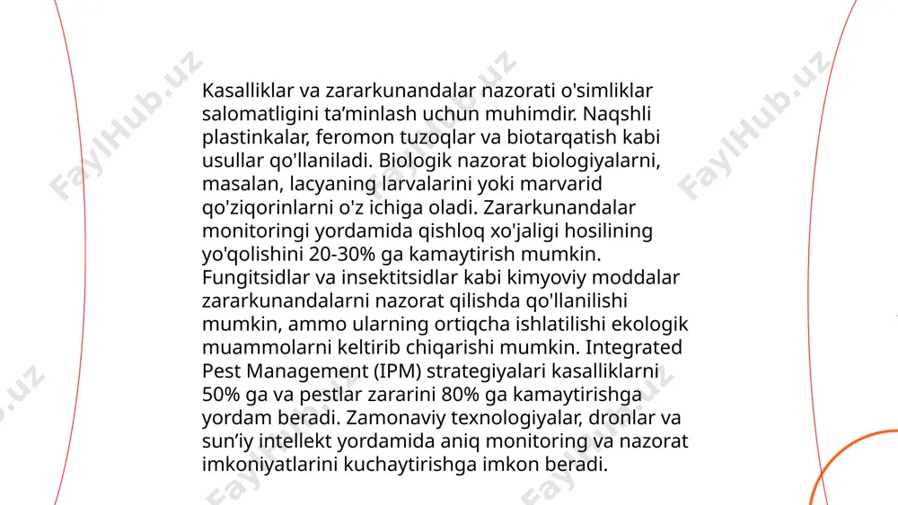 ga olib keladi. o‘rgimchak kanalar barglarning sarg‘ayishiga va qurib qolishiga sabab bo‘ladi. zararkunandalarni nazorat qilishda biologik usullar, masalan, foydali hasharotlarni qo‘llash va kimyoviy pestitsidlar qo‘llanilishi mumkin. самарали назорат учун мунтазам кузатув ва мониторинг зарурдир. ... t.me/slaydai_bot entomofaglar qovun ekinlarida zararkunanda hasharotlar bilan kurashishda muhim rol o'ynaydi. jumladan, ladybirds (coccinellidae) qovunlarni aphidlar (aphididae) kabi zararkunandalardan himoya qiladi. tadqiqotlar shuni ko'rsatadiki, entomofaglar qatoridagi foydali hasharotlar tabiiy dushmanlik qobiliyatiga ega bo'lib, zararkunandalarning sonini 30-40% gacha kamaytirish mumkinligini ko'rsatadi. qovuningizni pestitsidlarni kamaytirish orqali ekologik toza usullar bilan himoya qilishni ta'minlash entomofaglar sonining oshishi bilan bog'liq bo'lib, bu choralar hosildorlikni oshirishda muhim rol o'ynashi mumkin. tajribalar, shuningdek, entomofaglar sonining ko'payishi bilan qovun hosildorligining 20-25% ga yaxshilanishini ko'rsatmoqda. ... t.me/slaydai_bot 3. tabiiy entomofaglar va ularning turlari tabiiy entomofaglar zararkunandalarga qarshi biologik kurashda muhim rol o'ynaydi. ular hasharotlarni ovlab, ularning populatsiyasini nazorat qiladi. tabiiy entomofaglar uchta asosiy turga bo'linadi: yirtqichlar, parazitlar va parazitoidlar. yirtqichlar, masalan, ladybuglar va …