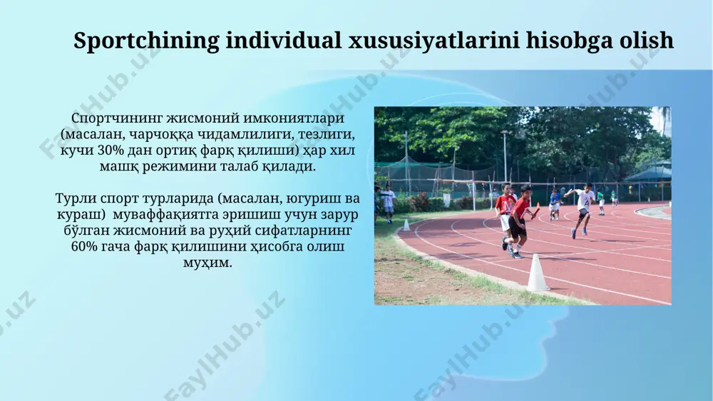 psixologiyasi sohasidagi zamonaviy usullar, masalan, biofeedback yordamida yurak urishi va mushak kuchlanishini 10 marta o'lchash orqali sportchining ruhiy holatini ob'ektiv baholash imkonini beradi. o'yin sport turlarida nazorat o‘yin sportlarida yurak urish tezligi, laktat darajasi va harakatlar soni kabi fiziologik ko‘rsatkichlarni doimiy monitoring qilish orqali, sportchilarning jismoniy holatini baholash va ortiqcha yuklamalardan himoya qilish mumkin. o‘yin sport turlarida, masalan, futbol va basketbolda, 10-15 ta asosiy texnik parametrlarni nazorat qilish orqali o‘yinchilarning mahoratini baholash va rivojlantirish mumkin. bu tezlik, aniqlik va kuch kabi ko‘rsatkichlarni o‘z ichiga oladi. jamoaviy sport turlarida nazorat сузишда, ҳар бир сузувчининг техникасини, сувдаги қаршилик кучини ва юрак уриши частотасини назорат қилиш орқали 20% гача тезликни ошириш мумкин. жамовий спорт турларида, масалан, футболда, ўйинчиларнинг ҳаракатларини 11 та позиция бўйича кузатиш ва таҳлил қилиш орқали 70% гача самарадорликка эришиш мумкин. kurash turlarida nazorat kurash mashg'ulotlarida biomexanik parametrlarni (tezlik, kuch, tekislik) 5-10 marta takrorlash orqali nazorat qilish mushak xotirasini rivojlantirishga va …