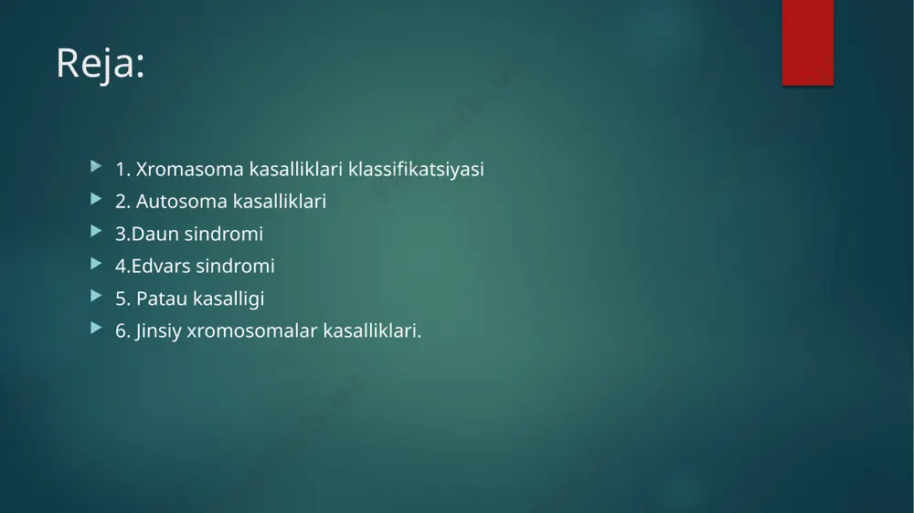 bat katta yoshdagikishilarda ham saqlanib qoladi. shereshevskiy-terner sindromi bu kasallikni 1925-yilda n.a. shereshevskiy va 1938-yilda òernerlar izohlab berishgan (35-rasm). kasallik ayollarga xos boʻlib, 3000 ta yangi tugʼilgan chaqaloq qizlarning bittasida uchraydi. shu xastaligi bor ayollarda xromosomalar soni 45 ta boʻlib, bitta xromosoma kam boʼladi. davosi: asosan, esterogen, anabolik gormonlar, vitaminlar qoʼllaniladi, boʼynidagi teri qavatlari plastik jarrohlik yoʼli bilan olinadi. y xromosoma (disomiya sindromi) birinchi martta 1961-yilda a.a. sandberg bir qator olimlarbilan birgalikda disomiya sindromini taʼriflab bergan va xromosomalar soni 47 ta (xyy) boʼlishini aytib bergan. bunday kasallikbilan, asosan,oʻgʻil bolalar tugʼiladi. ularda xromosomalar soni47 ta boʼlib 1:840 ta bolada uchraydi. ularni normal erkaklardanajratib boʼlmayd. eʼtiboringiz uchun rahmat! image6.jpeg image7.jpeg image8.jpeg image9.jpeg image10.jpeg image11.jpeg image12.jpeg image13.jpeg image14.jpeg image15.jpeg image16.jpeg image17.jpeg image18.jpeg image19.jpeg image20.jpeg image21.jpeg image22.jpeg image23.jpeg image24.jpeg image25.jpeg image26.jpeg image27.jpeg image28.jpeg image29.jpeg image30.jpeg image31.png image32.jpeg image33.jpeg image34.jpeg image2.png image3.png image4.png image5.png /docprops/thumbnail.jpeg