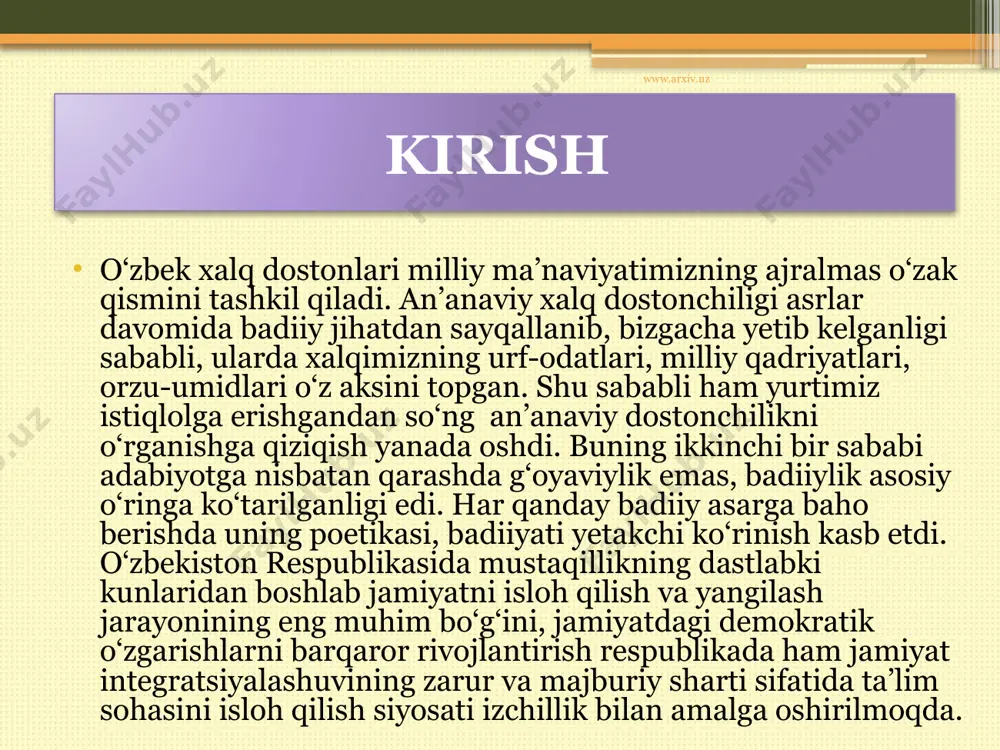 oqi, ravon tili, nafisligi bilan o‘quvch va tinglovchini lol qoldiradi. “kuntug‘mish” dostonini to‘la o‘zlashtirishga intilganlar. dostonning ergash jumanbulbul o‘g‘li, bekmurod jo‘raboy o‘g‘li, nurmon abduvoy o‘g‘li, egamberdi ollomuroddan yozib olingan variantlari mavjud. iii bob. umumiy o‘rta ta’lim maktablarida xalq baxshilarining hayoti va ijodini o‘rganish www.arxiv.uz 9-sinfda keltirilgan “alpomish” dostoni haqida gaplashadigan bo‘lsak, bu dostonning 40 dan ortiq nusxasini uchratishimiz mumkin. lekin ularning birortasi voqealarning qiziqarliligi, ifodaning ta’sirchanligi, o‘zbek xalqiga xos belgilarni aks ettira olish qudrati bilan fozil yo‘ldosh o‘g‘li aytgan nusxaga teng kela olmaydi. fozil shoir 1872-yilda hozirgi jizzax viloyatining baxmal tumani loyqa qishlog‘ida tug‘ilgan. yetimlikda o‘sgan bo‘lajak shoir cho‘ponlik qilgan paytlarda do‘mbira jo‘rligida terma va dostonlar aytishga qiziqqan yigitlik chog‘larida davrining taniqli baxshisi yo‘ldosh shoirdan doston aytish sirlarini o‘rgangan. ular iste’dodi tufayli o‘zbek xalq dostonchiligini yangi bosqichga ko‘targan. www.arxiv.uz maktabda doston va baxshilarning ijodini chuqur o‘rganish uchun darsda o‘tkaziladigan ta’lim texnalogiyalari. mavzu: amaliy topshiriqlar umumiy o‘rta ta’lim maktablarida o‘quvchilarni doston …